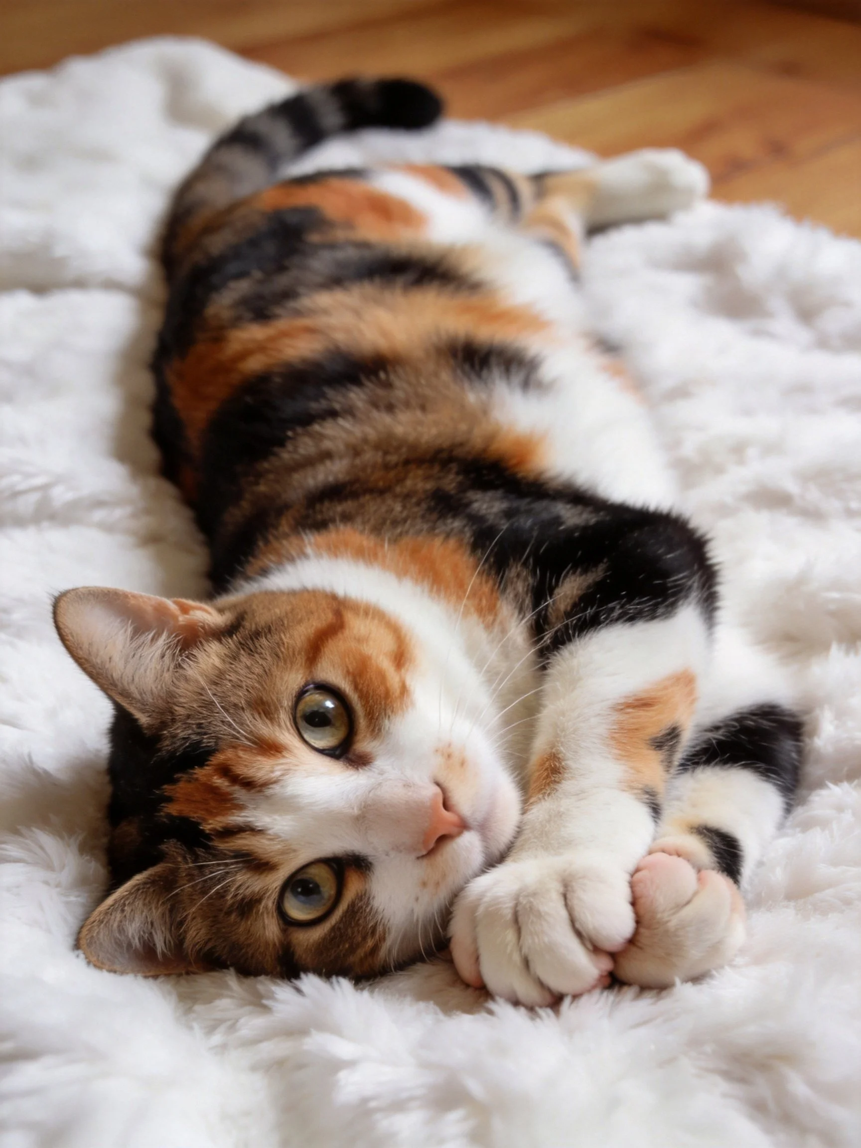 A calico cat lounging on a soft white blanket