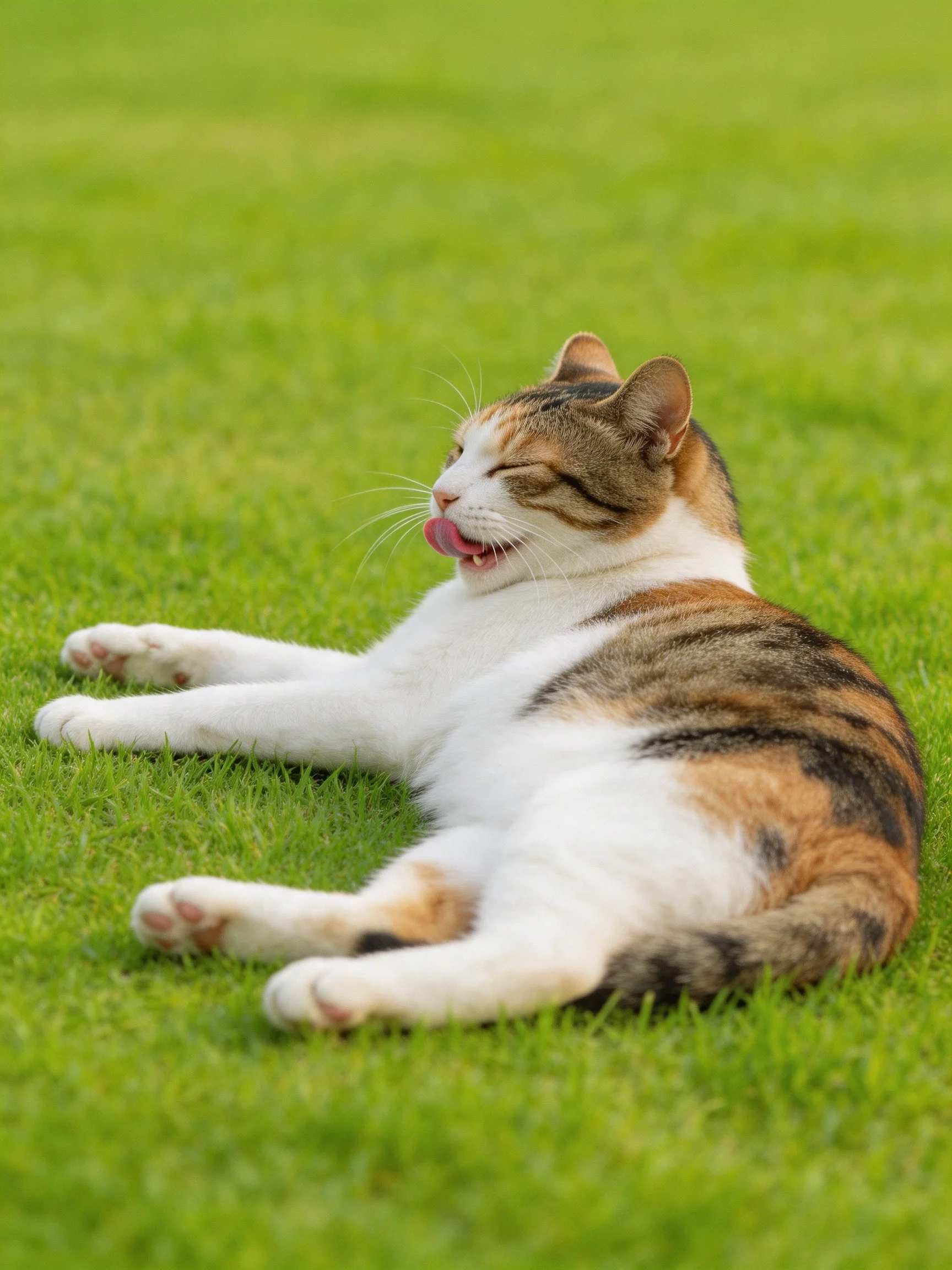 A calico cat lounging on vibrant green grass