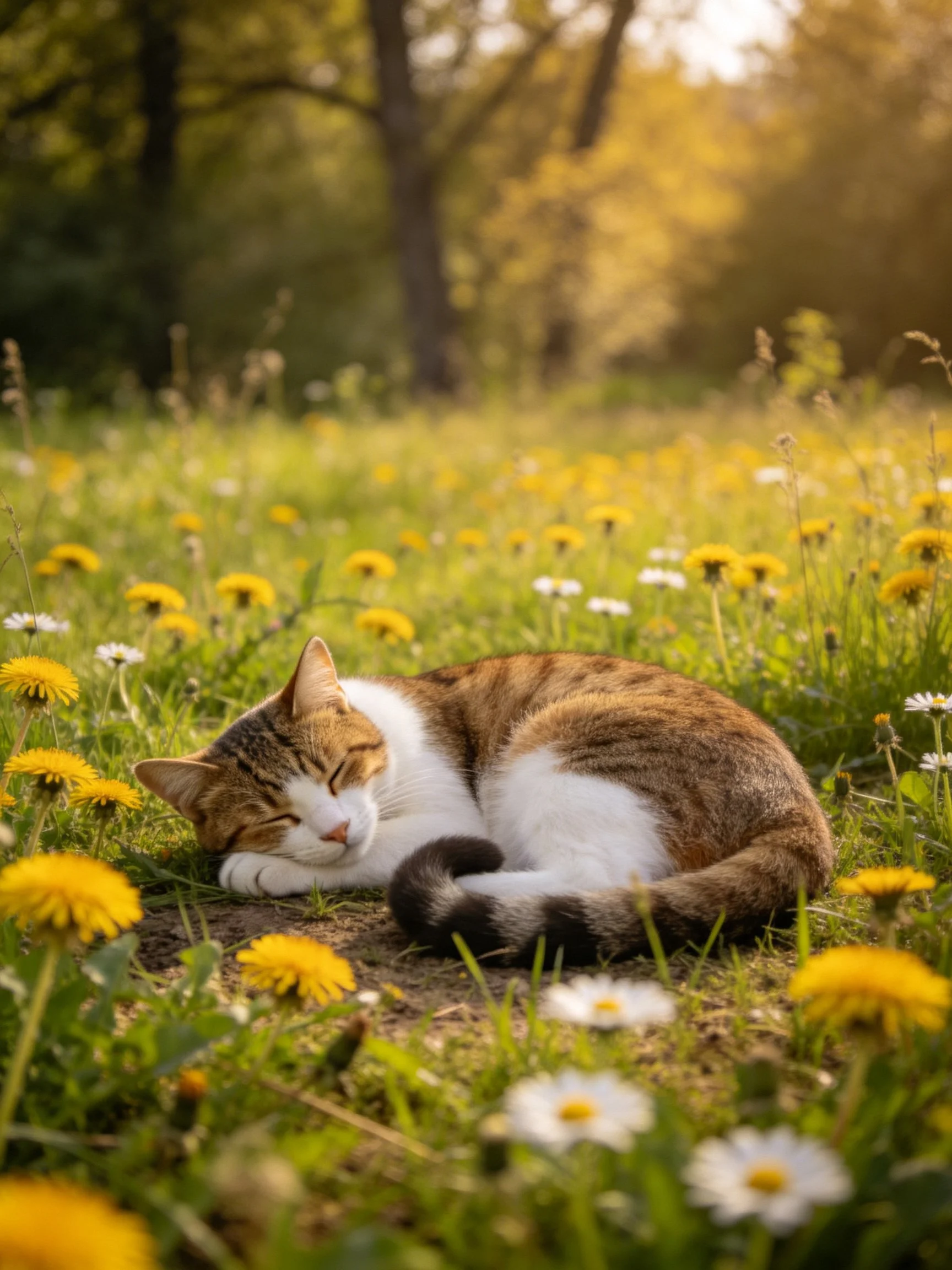A calico cat napping among yellow dandelions and wildflowers