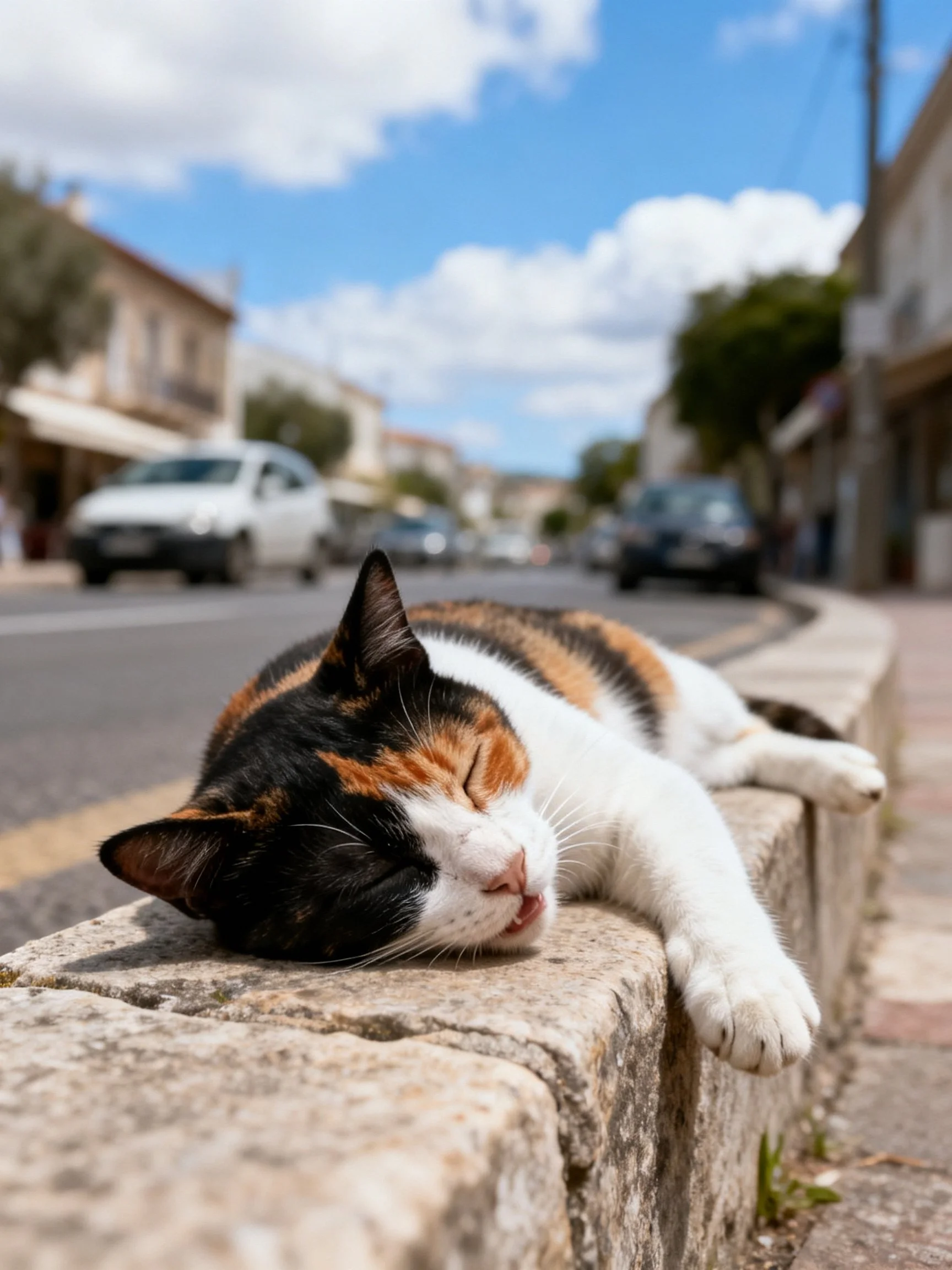 A calico cat napping on a stone curb near a sunny street
