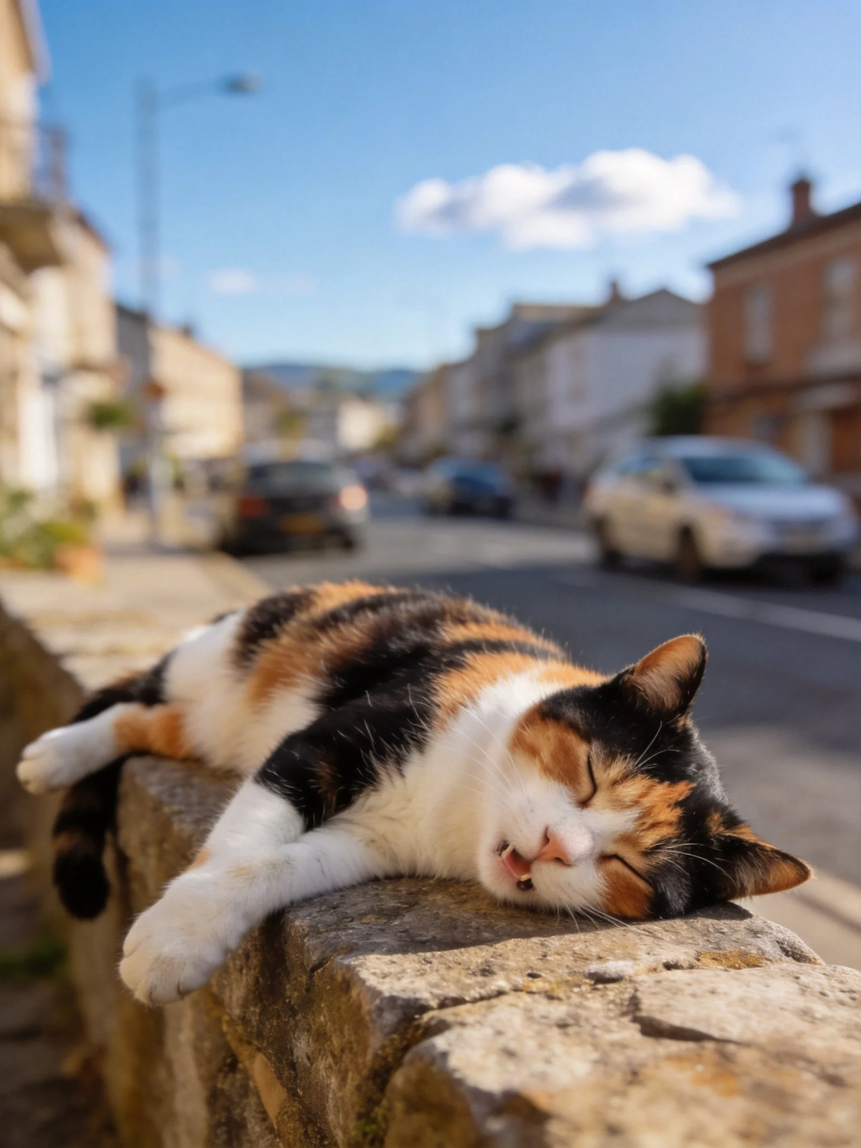 A calico cat napping on a stone ledge near a sunny town street