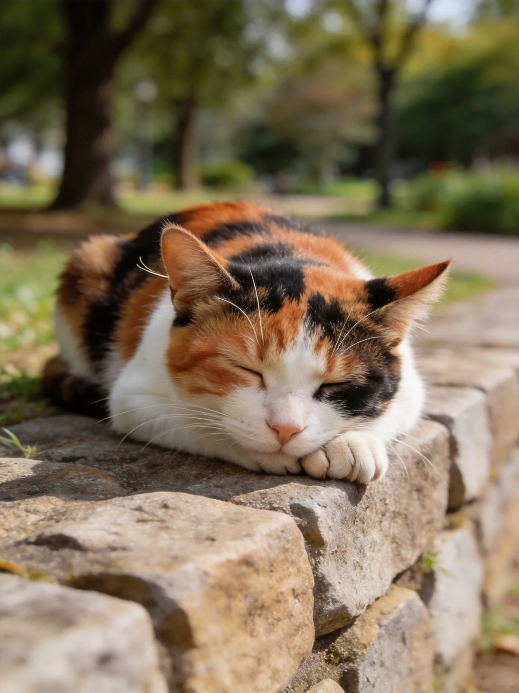 A calico cat napping on a stone wall in a sunlit park