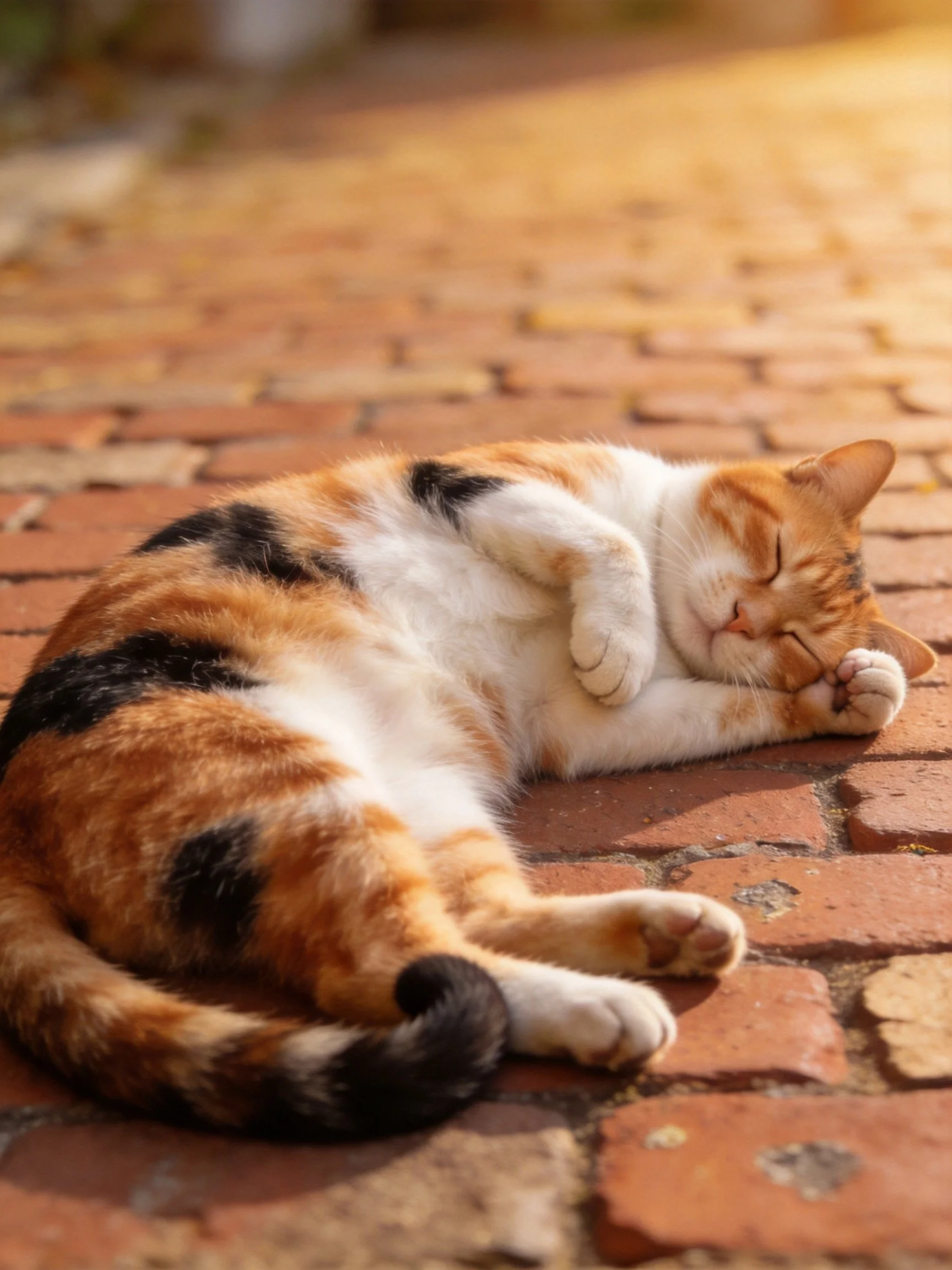A calico cat napping on a sunlit brick pavement