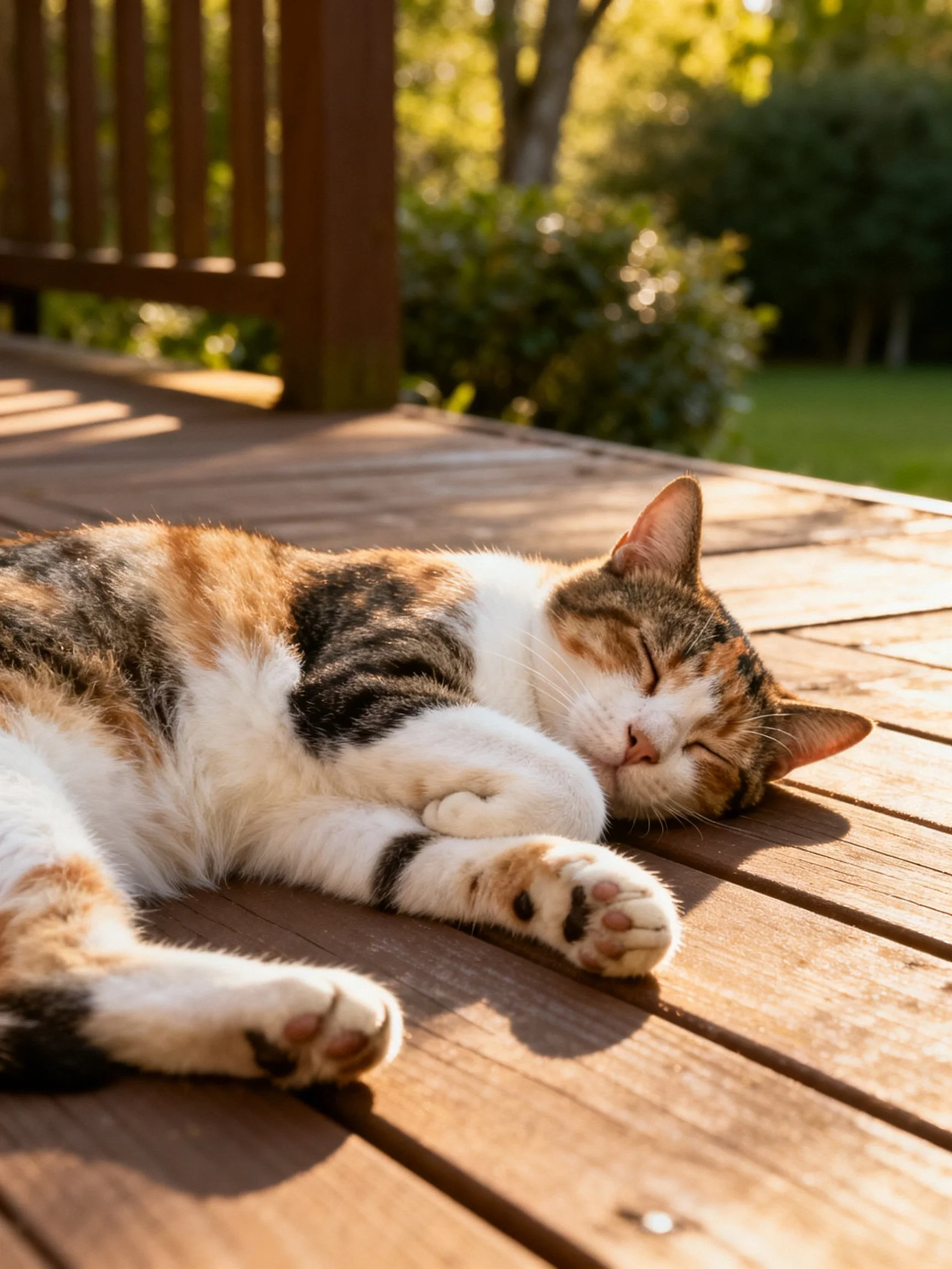 A calico cat napping on a sunlit wooden deck