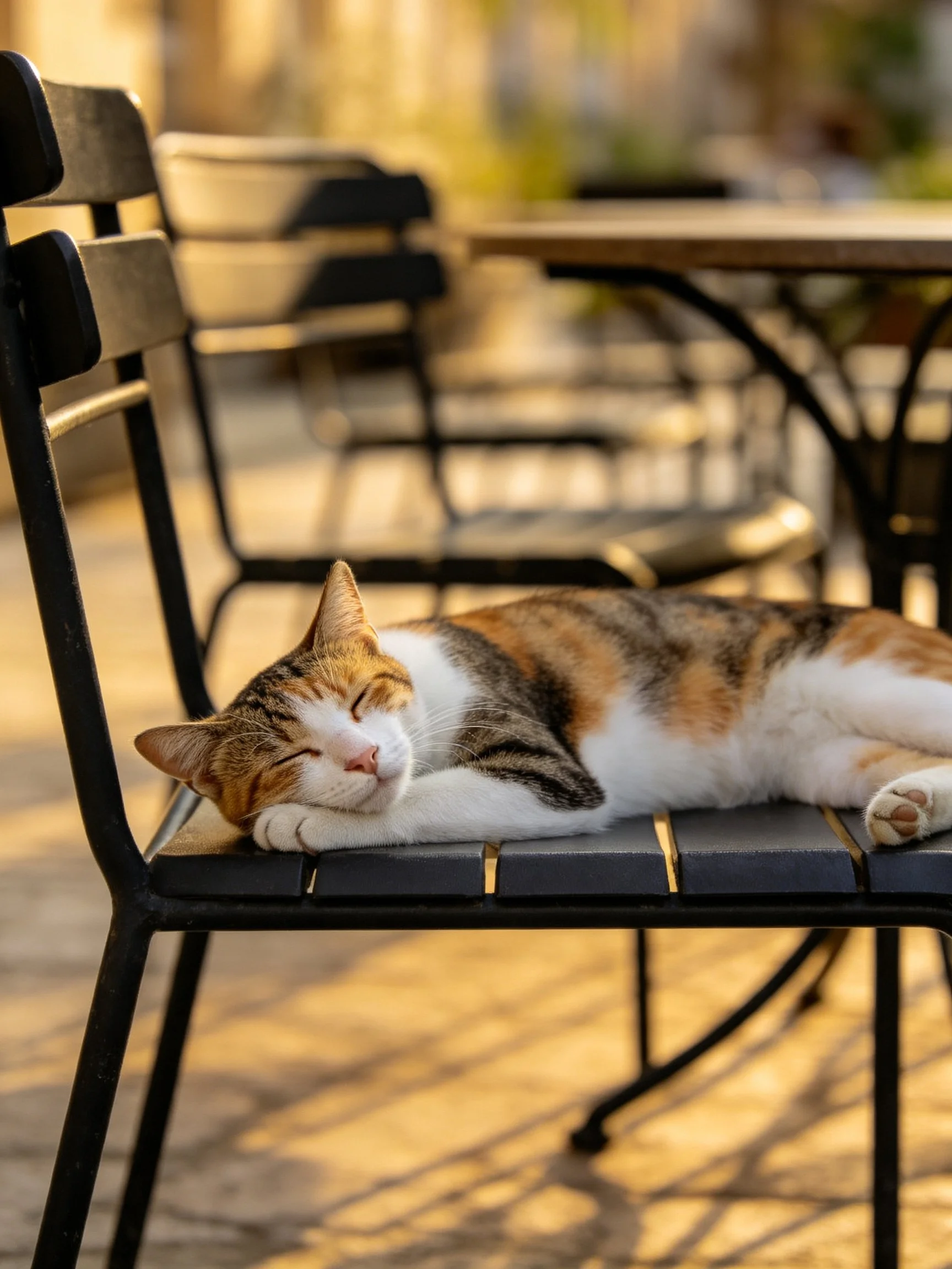 A calico cat napping on an outdoor metal chair in golden light