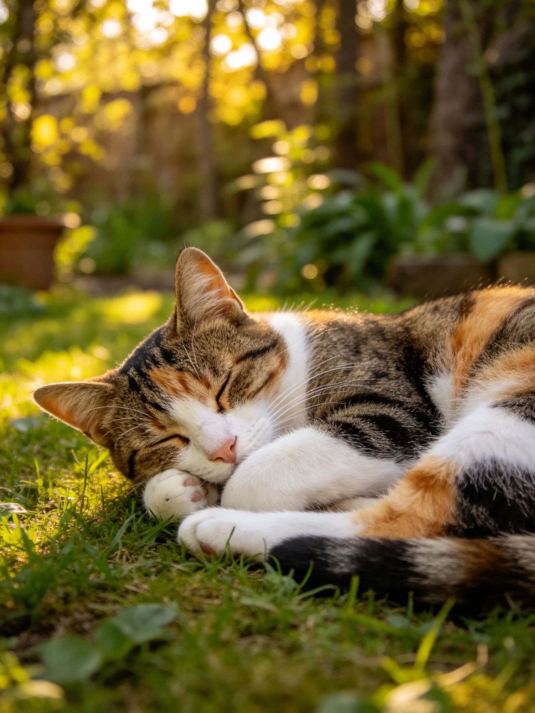 A calico cat napping on lush green grass in a sunlit garden