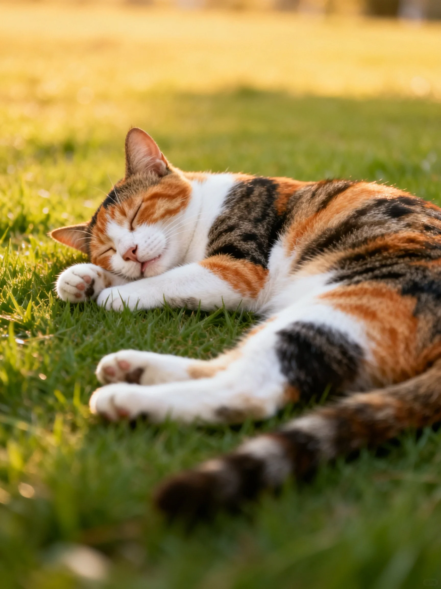 A calico cat napping on sunlit green grass