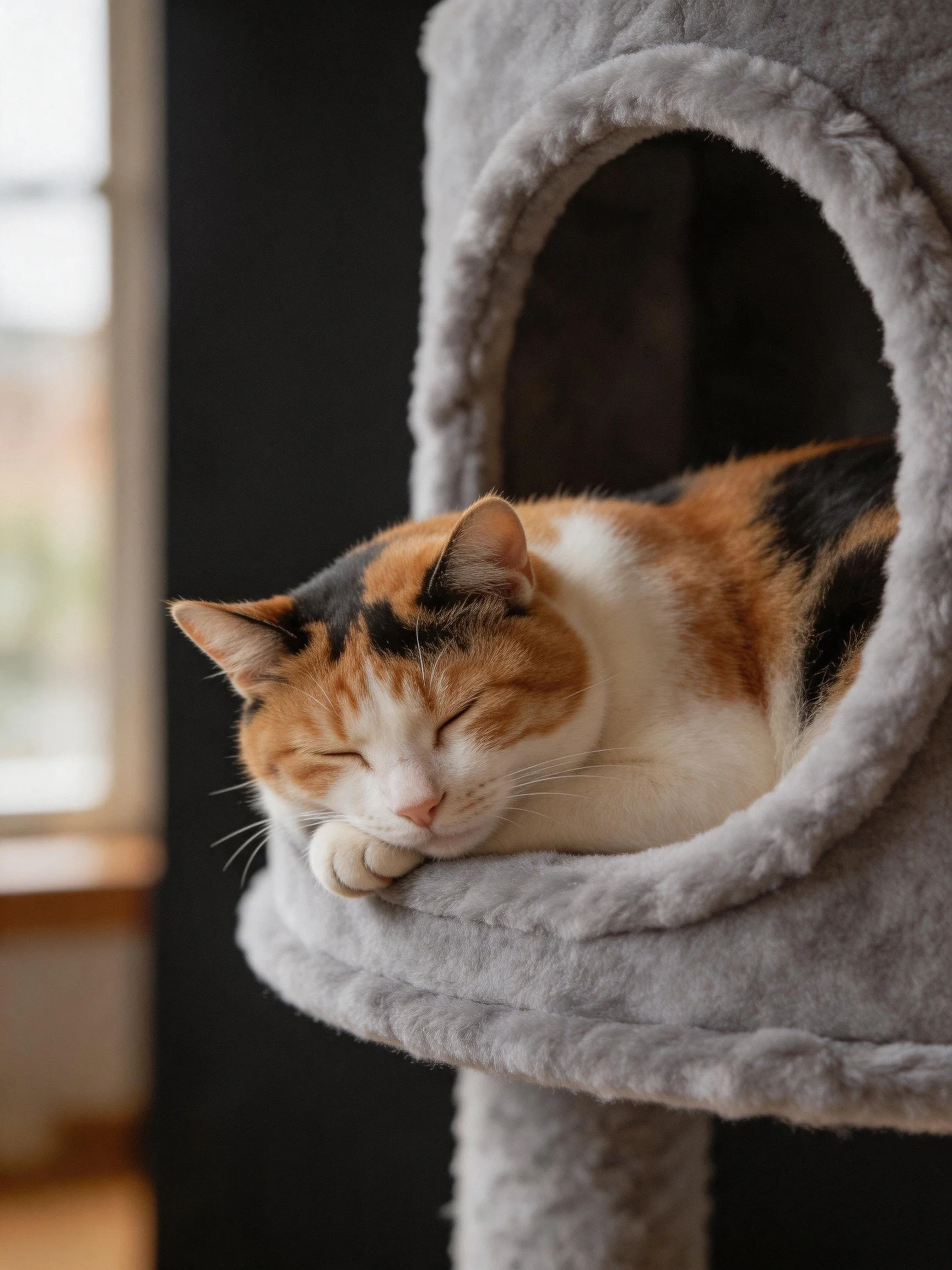 A calico cat naps in a plush gray cat house near a window