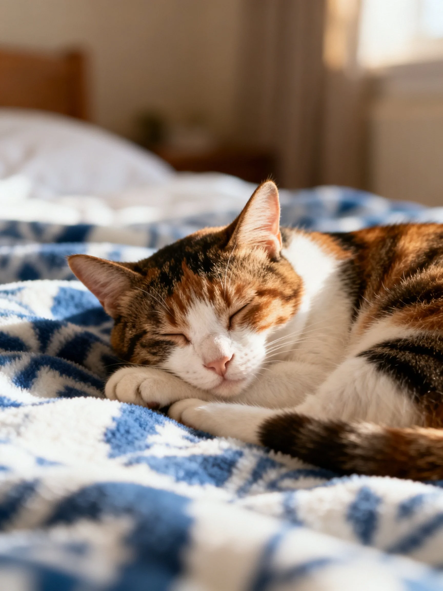 A calico cat naps on a blue-patterned blanket