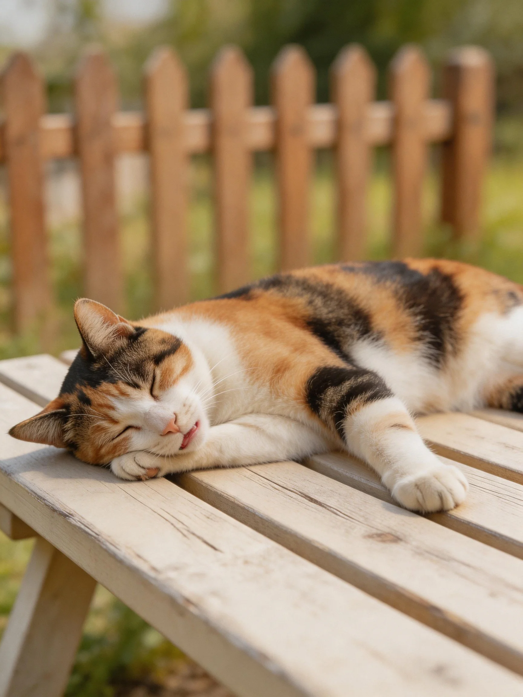 A calico cat naps on a light wooden bench beside a picket fence