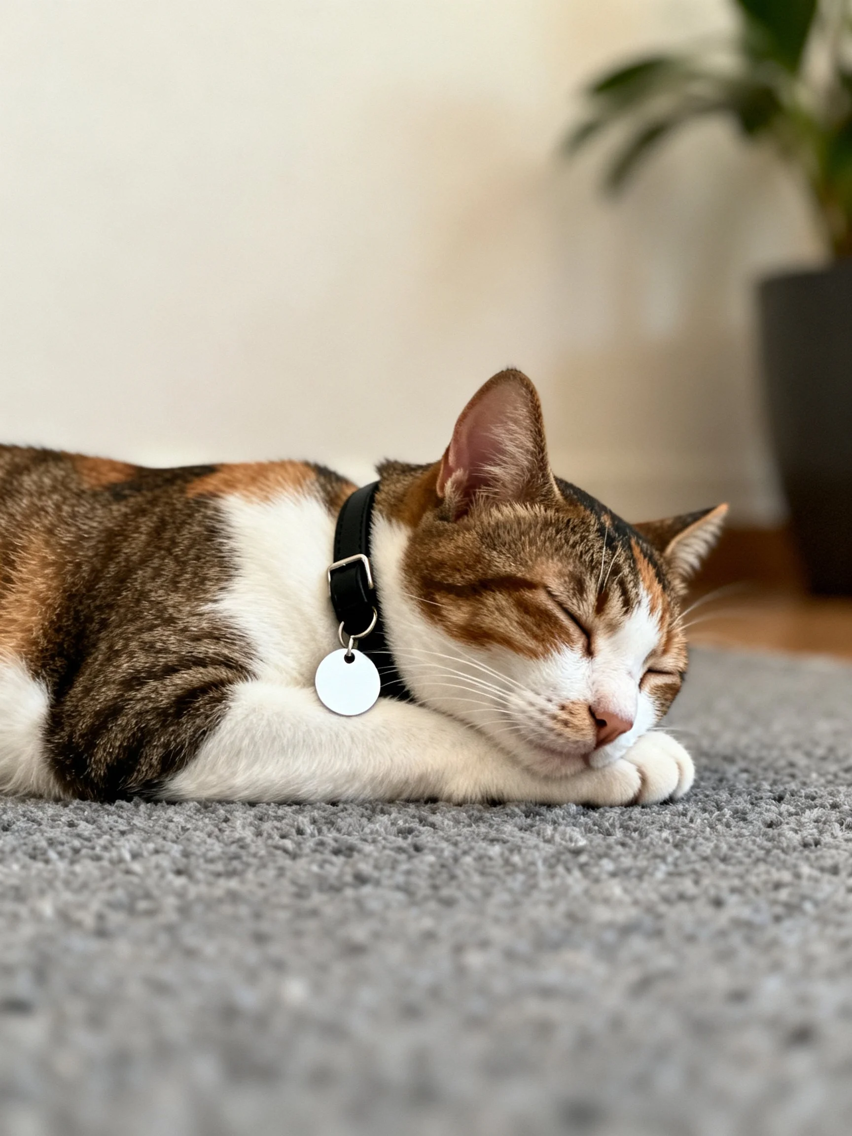 A calico cat naps on a soft gray carpet near a potted plant