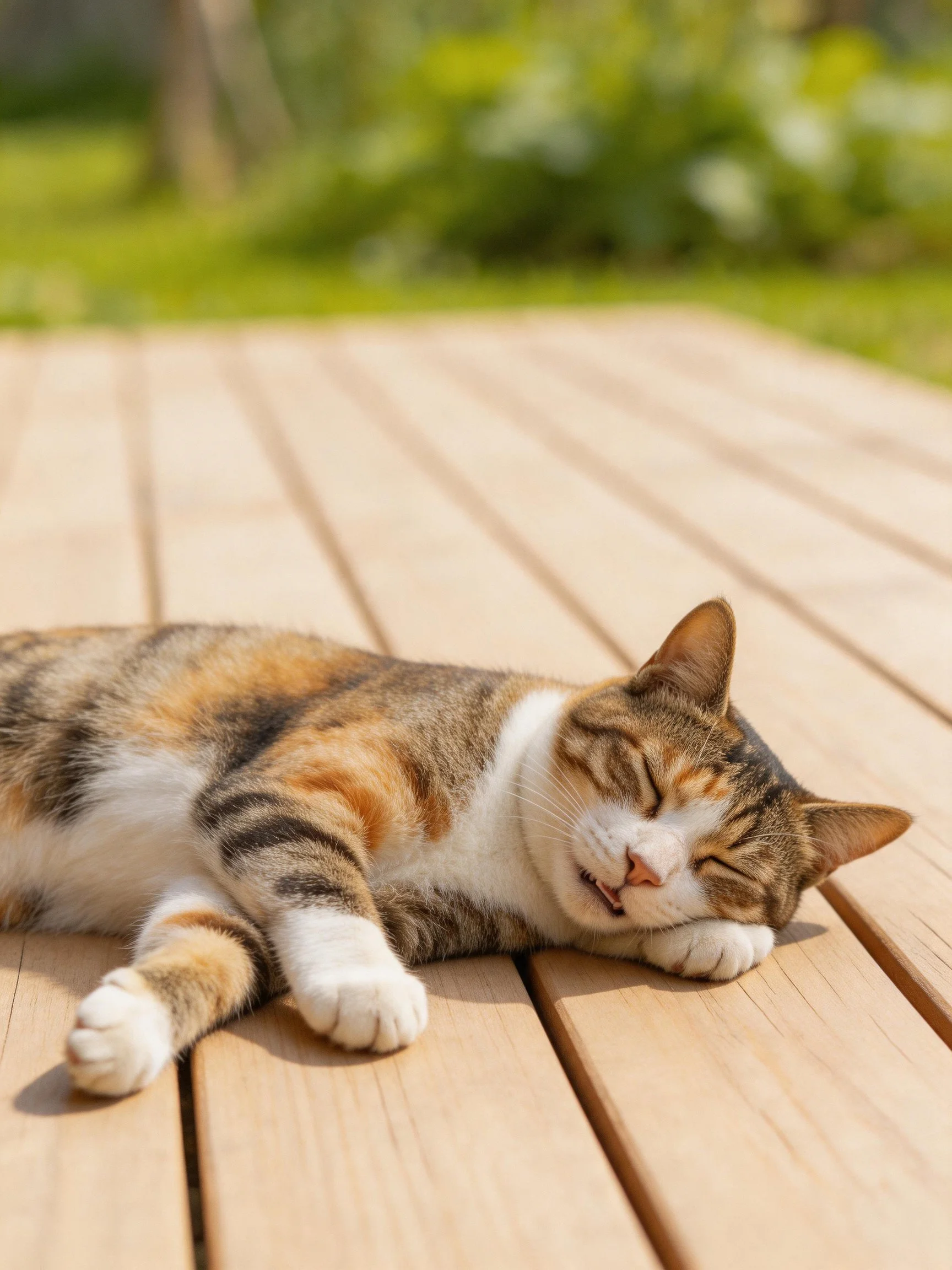 A calico cat naps on a wooden deck in bright daylight