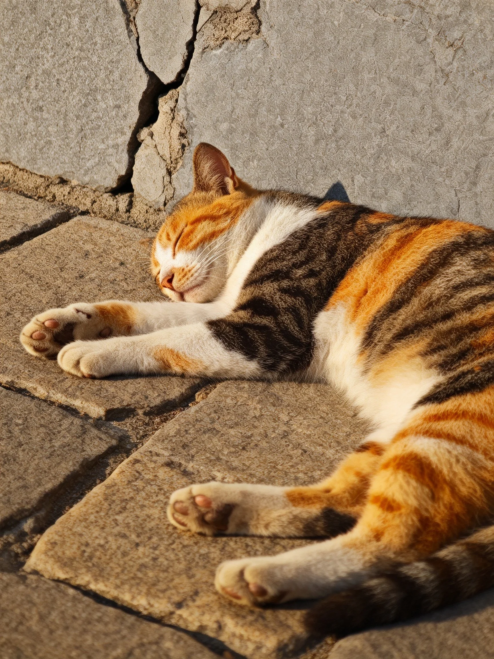 A calico cat naps on aged stone pavement