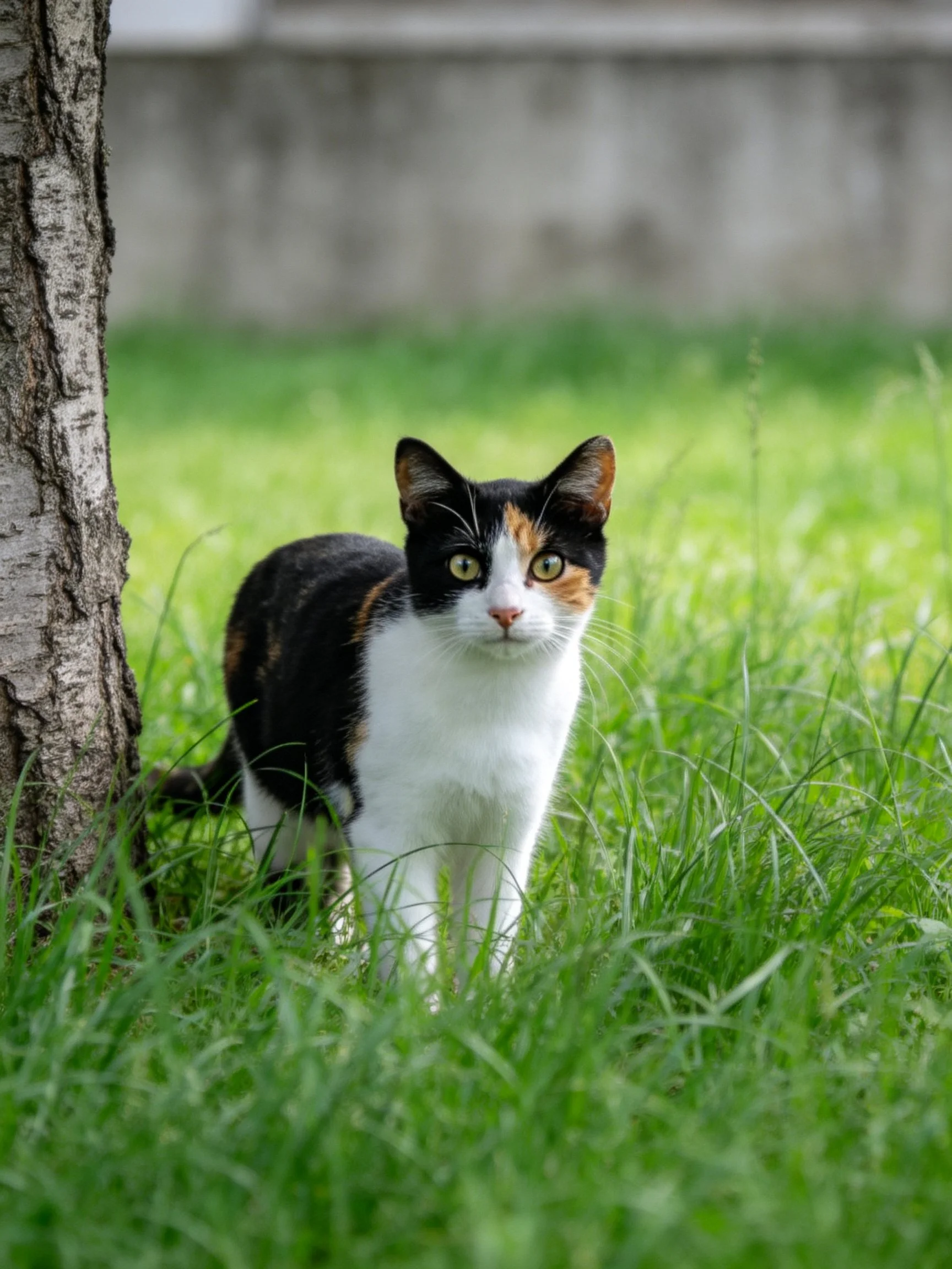 A calico cat near a tree in lush green grass