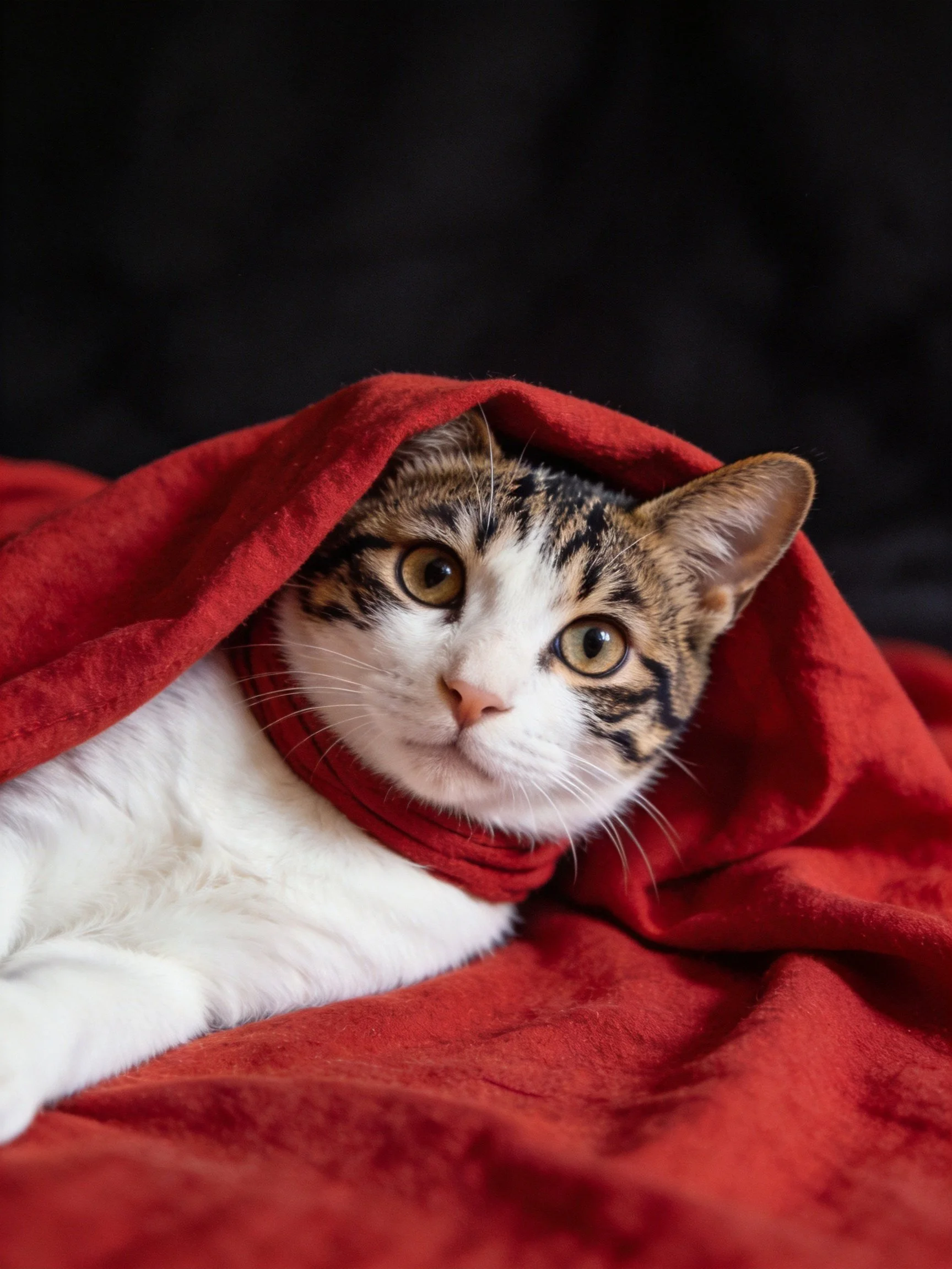 A calico cat partially hidden by a vibrant red fabric