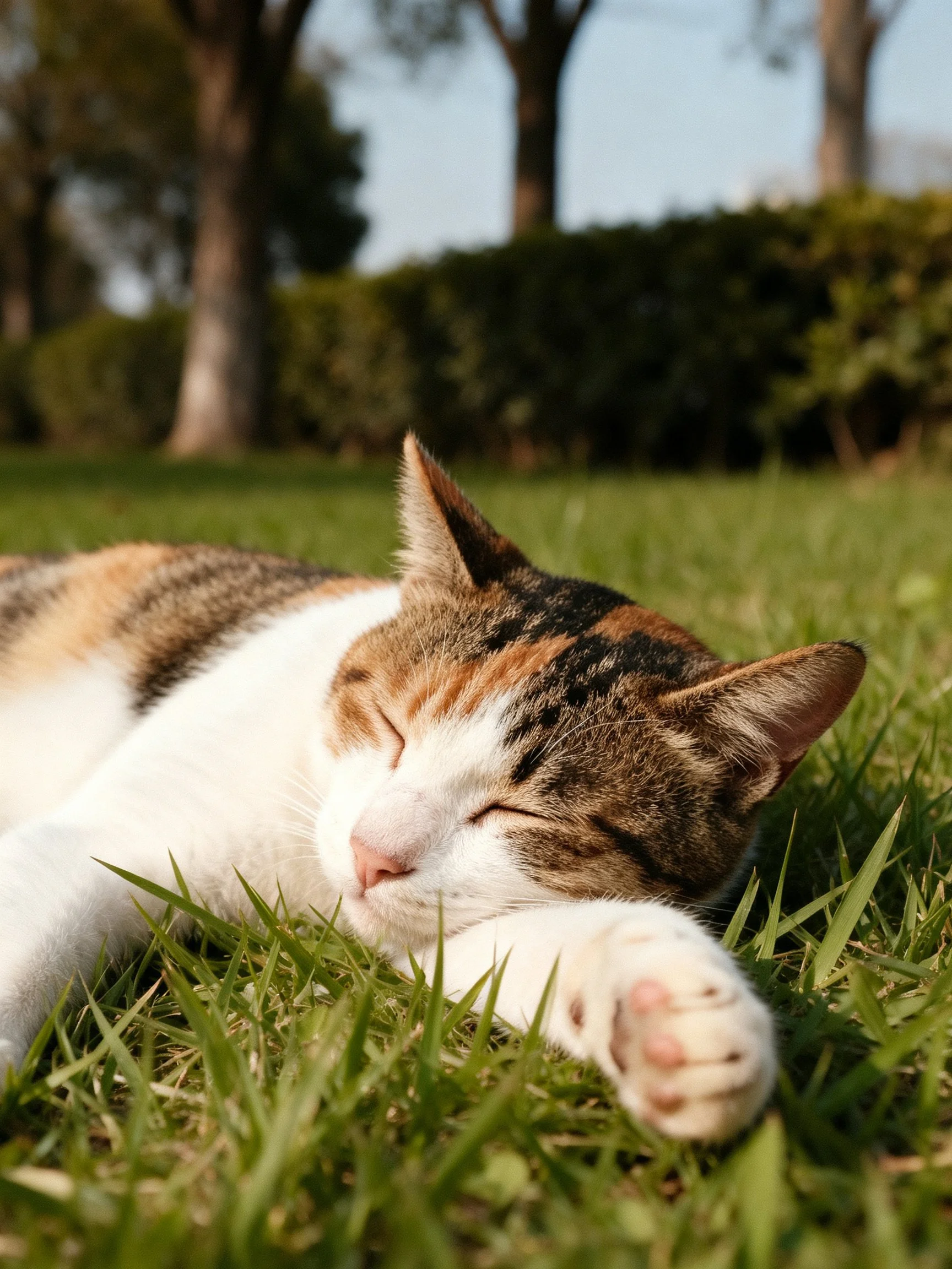 A calico cat peacefully sleeps on lush green grass