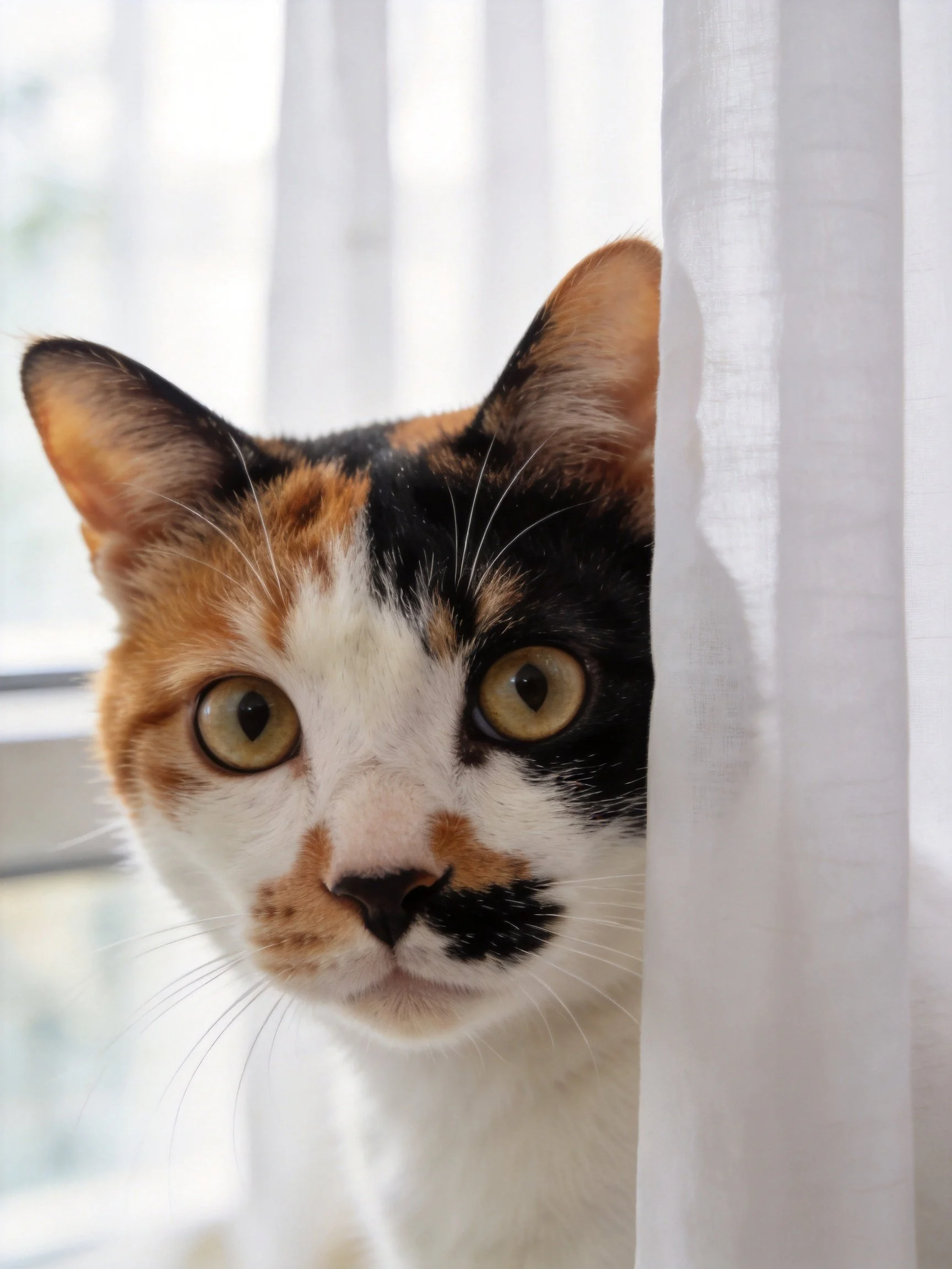 A calico cat peeks from behind white curtains near a window