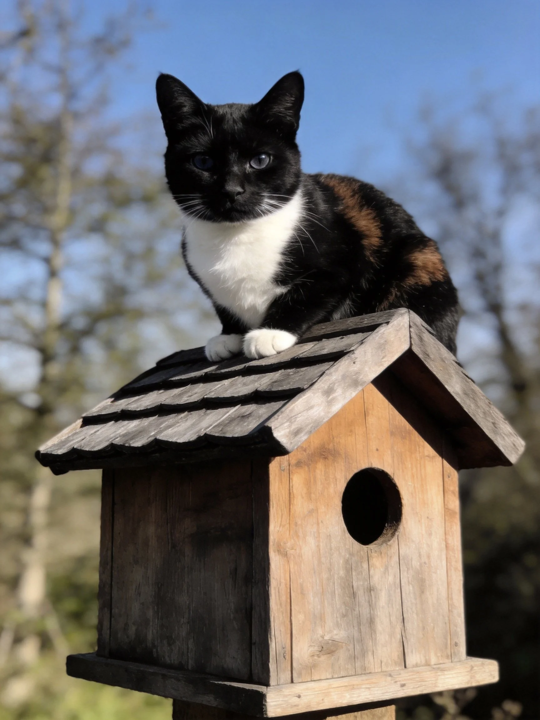 A calico cat perched atop an aged wooden birdhouse