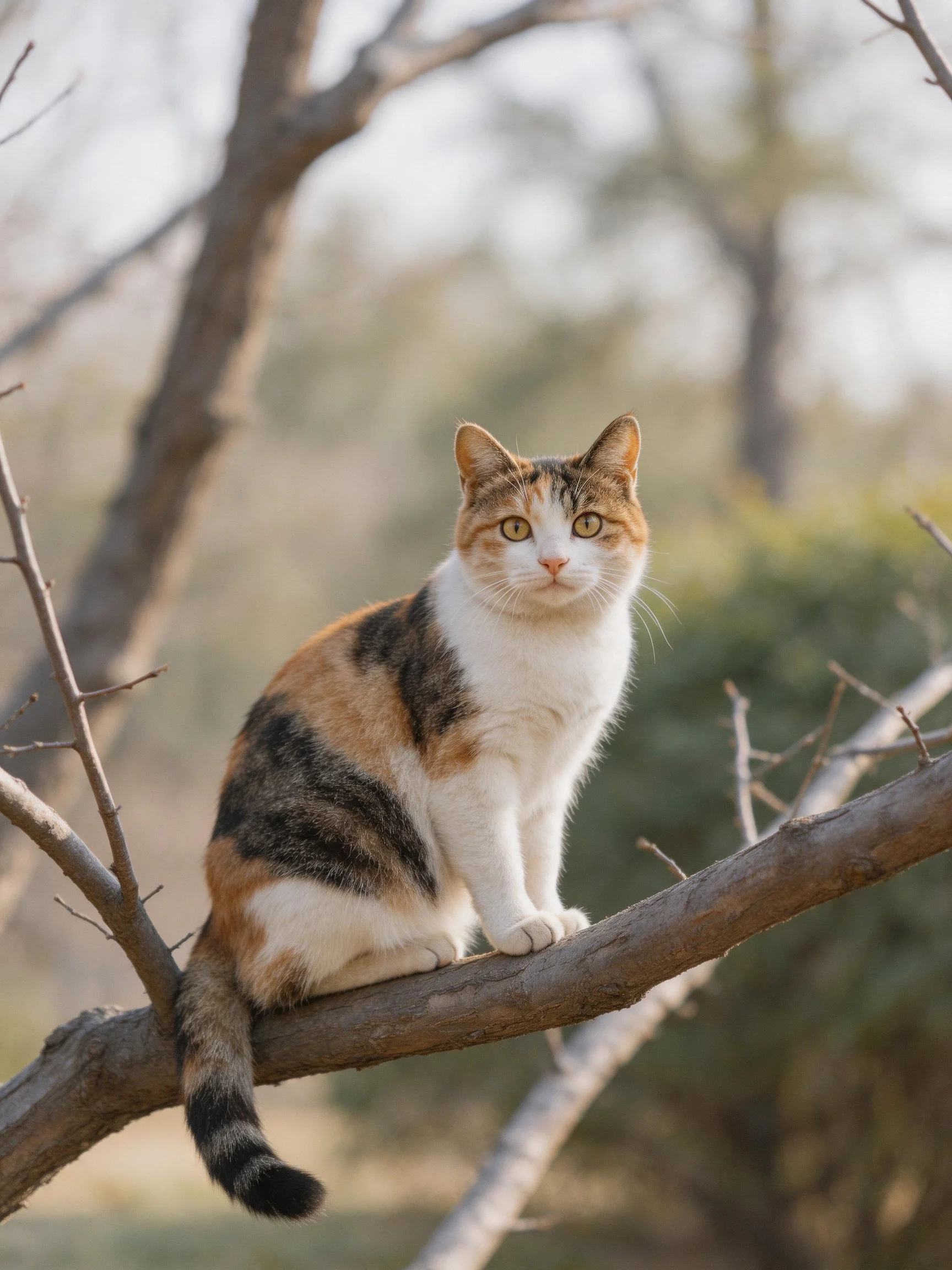 A calico cat perched on a bare tree branch outdoors