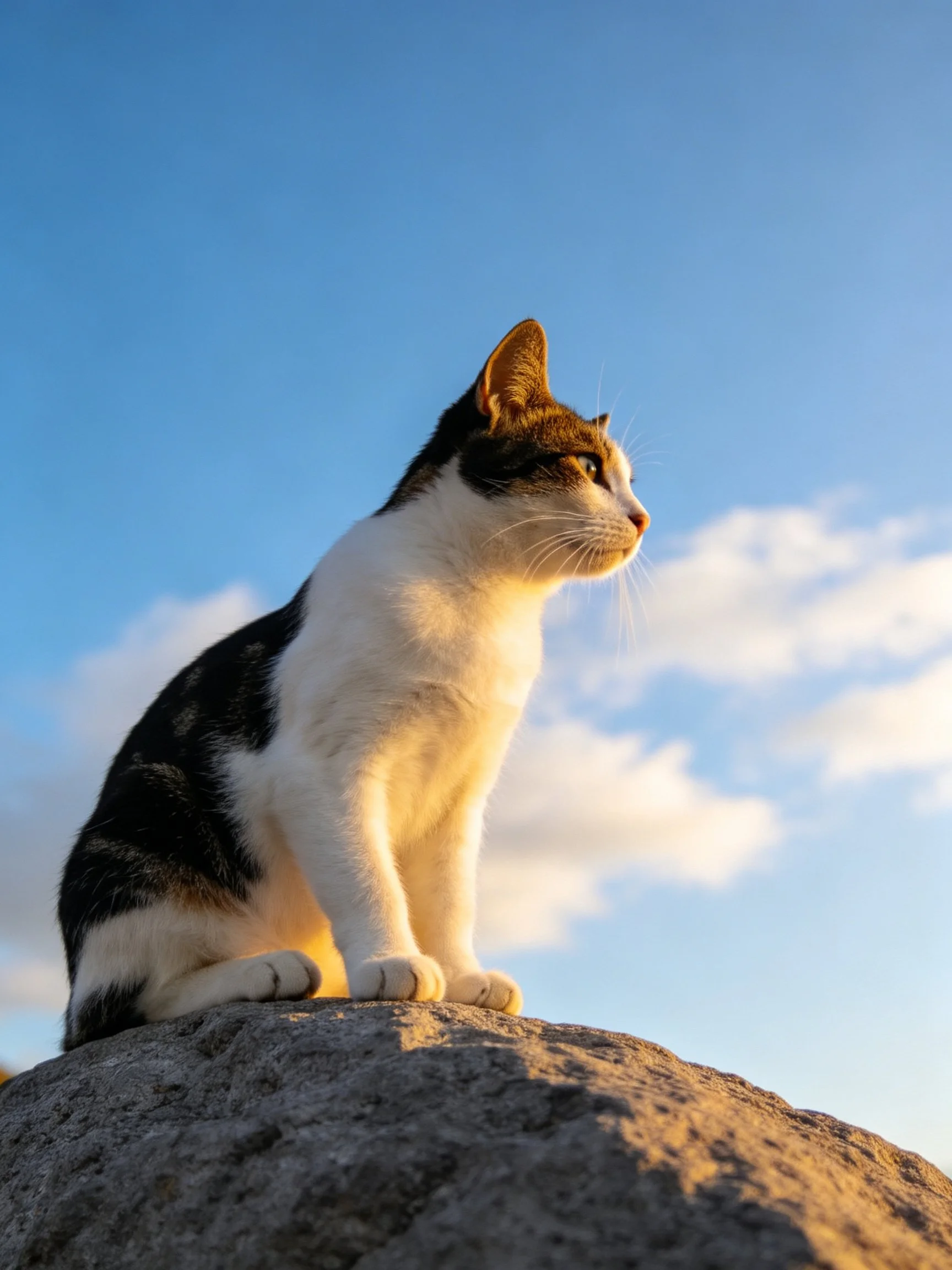 A calico cat perched on a large stone against a clear blue sky