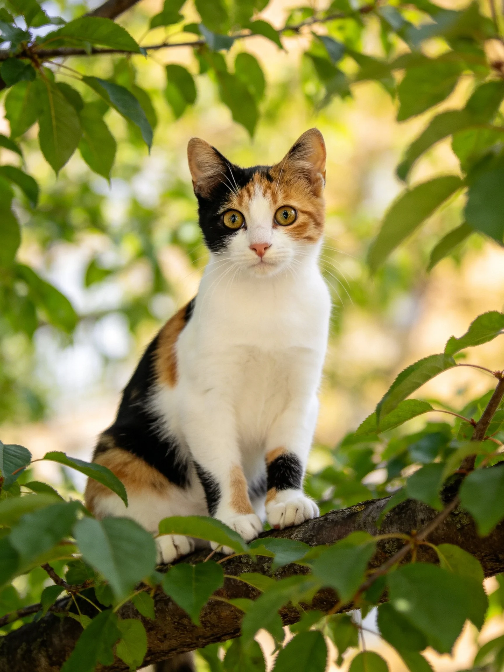 A calico cat perched on a tree branch amid lush green foliage