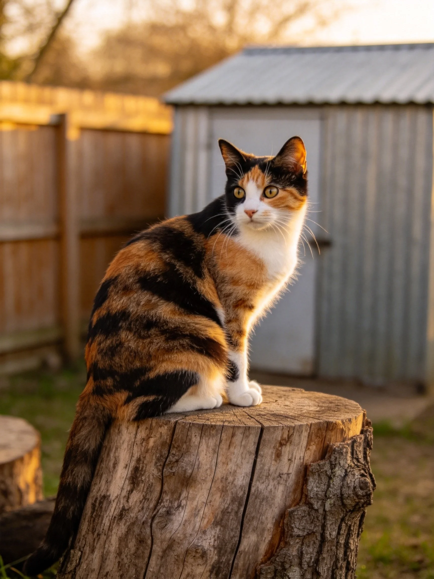 A calico cat perched on a weathered wooden stump near a metal shed