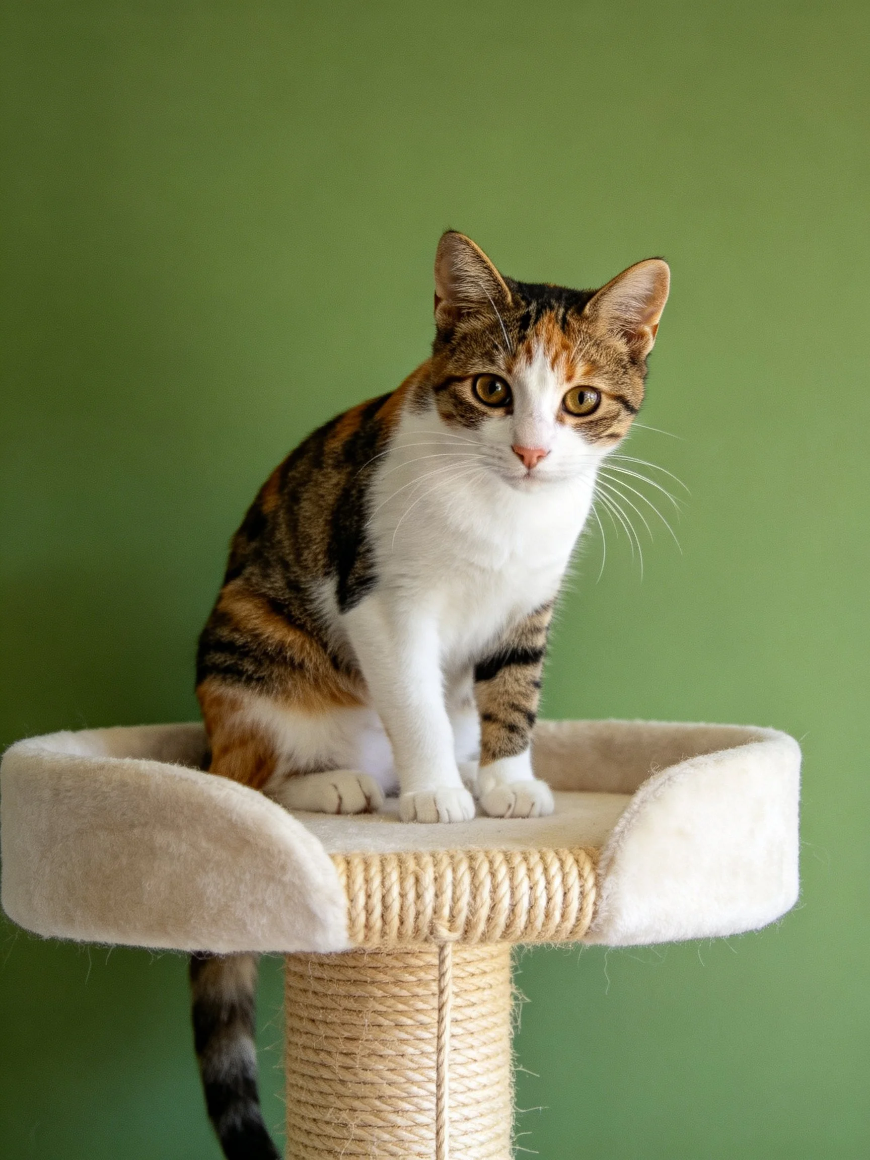 A calico cat perches on a beige scratching post with a solid green backdrop