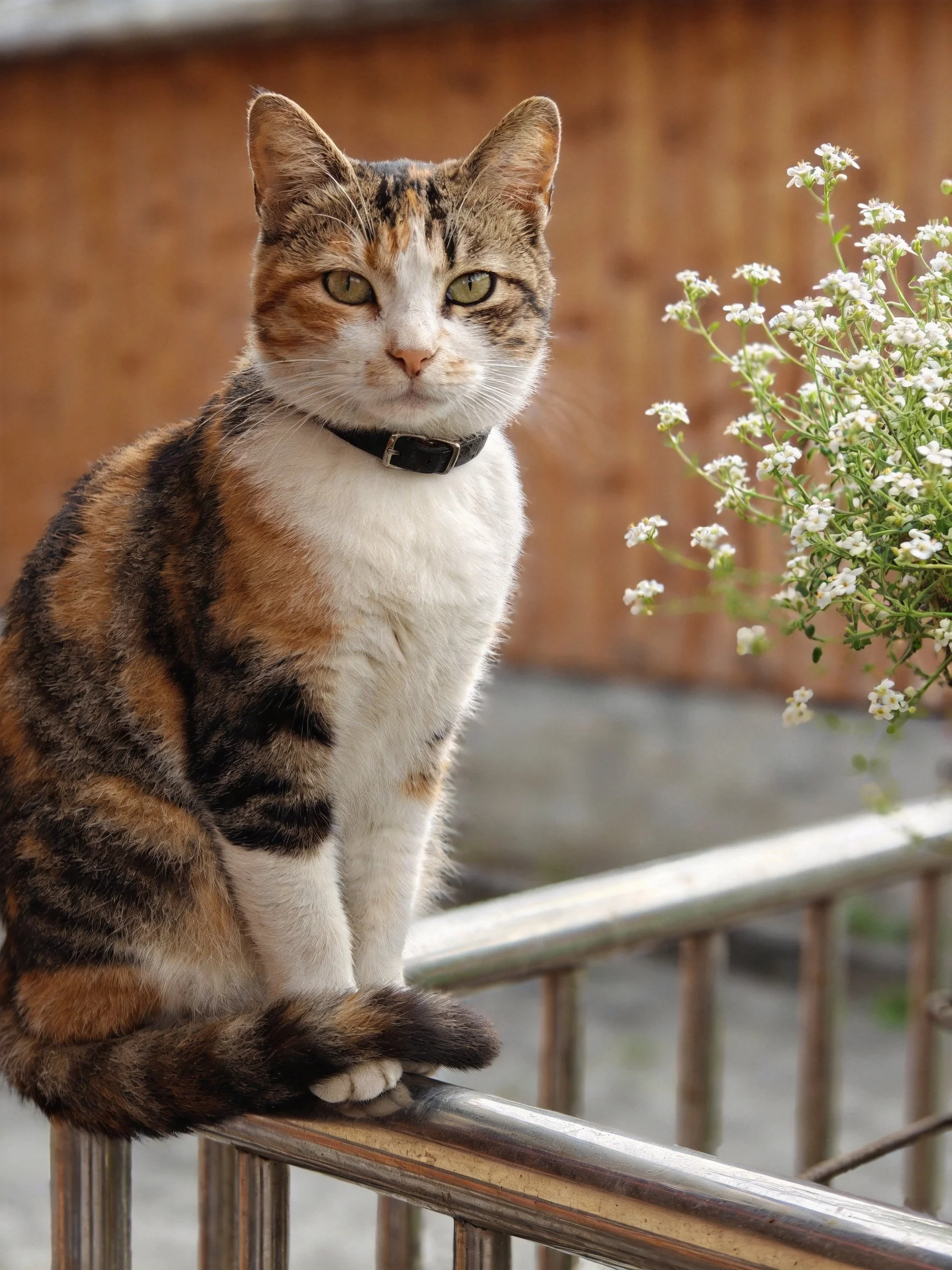 A calico cat perches on a metal railing near delicate white flowers