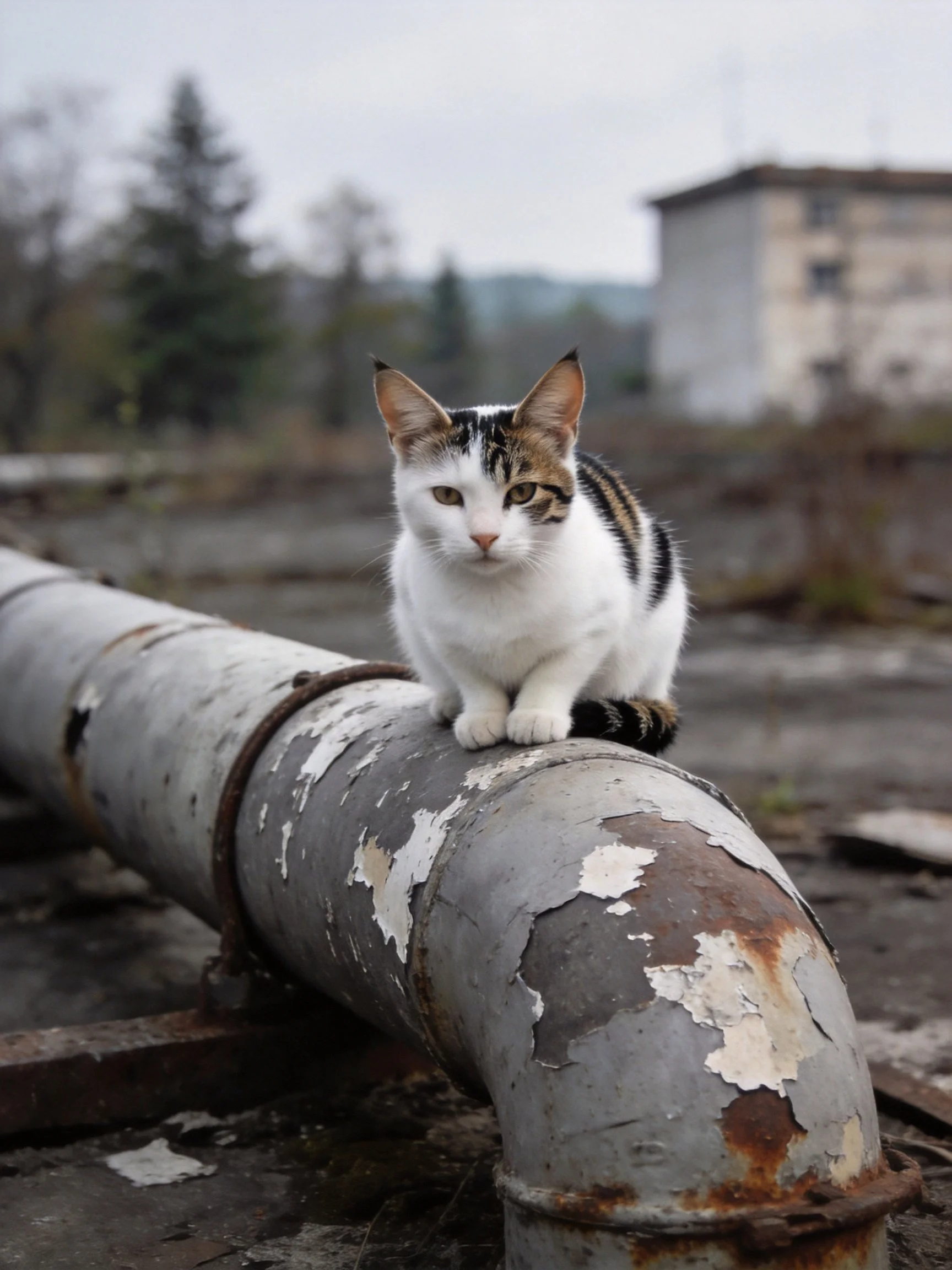 A calico cat sits on a deteriorated industrial pipe in an outdoor area.