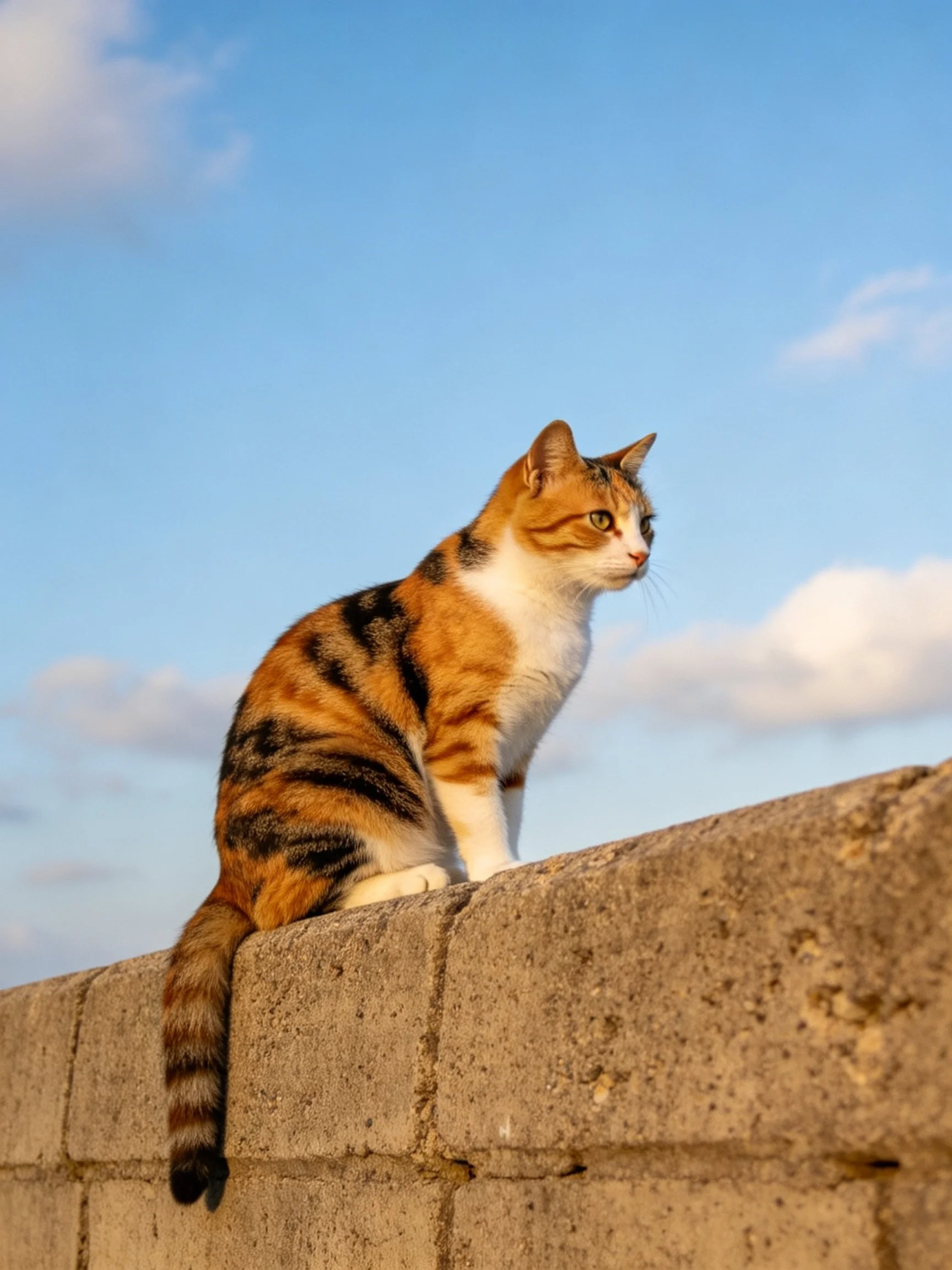 A calico cat perches on a weathered stone wall under a clear blue sky