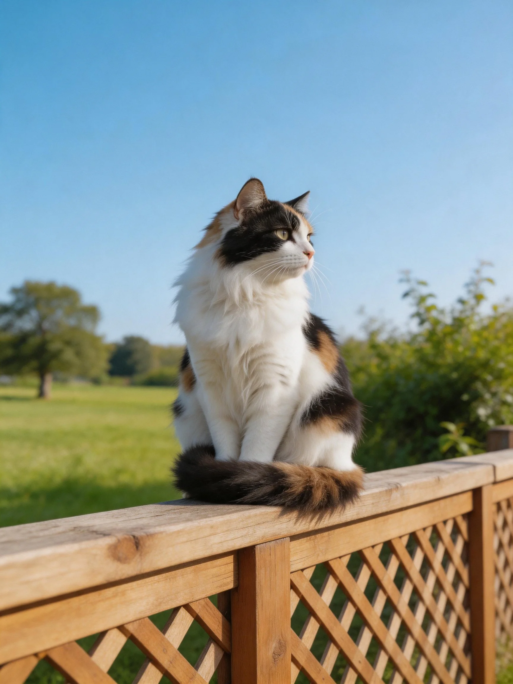 A calico cat perches on a wooden fence in a sunny landscape