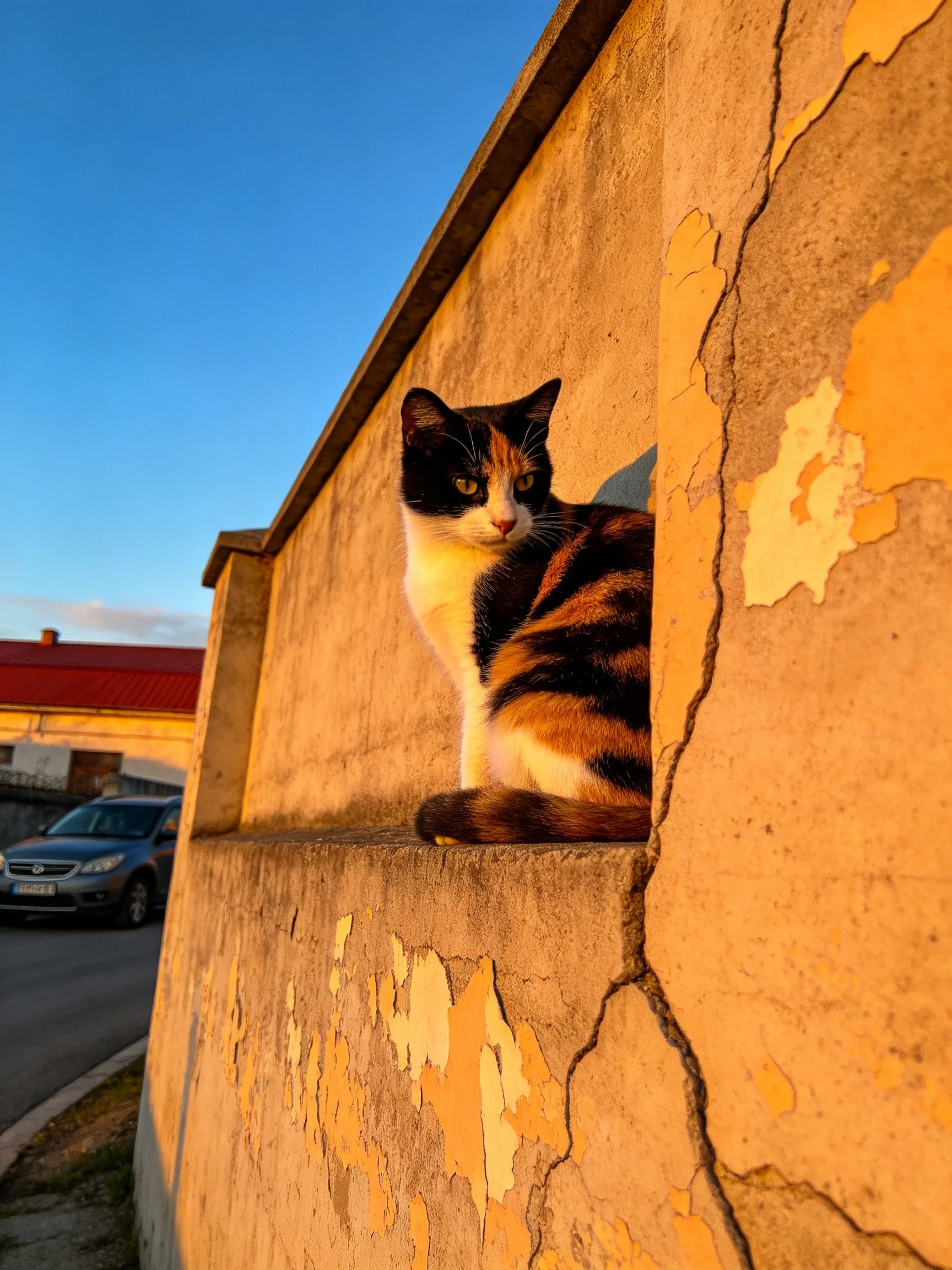 A calico cat perches on an aged, peeling concrete wall at golden hour