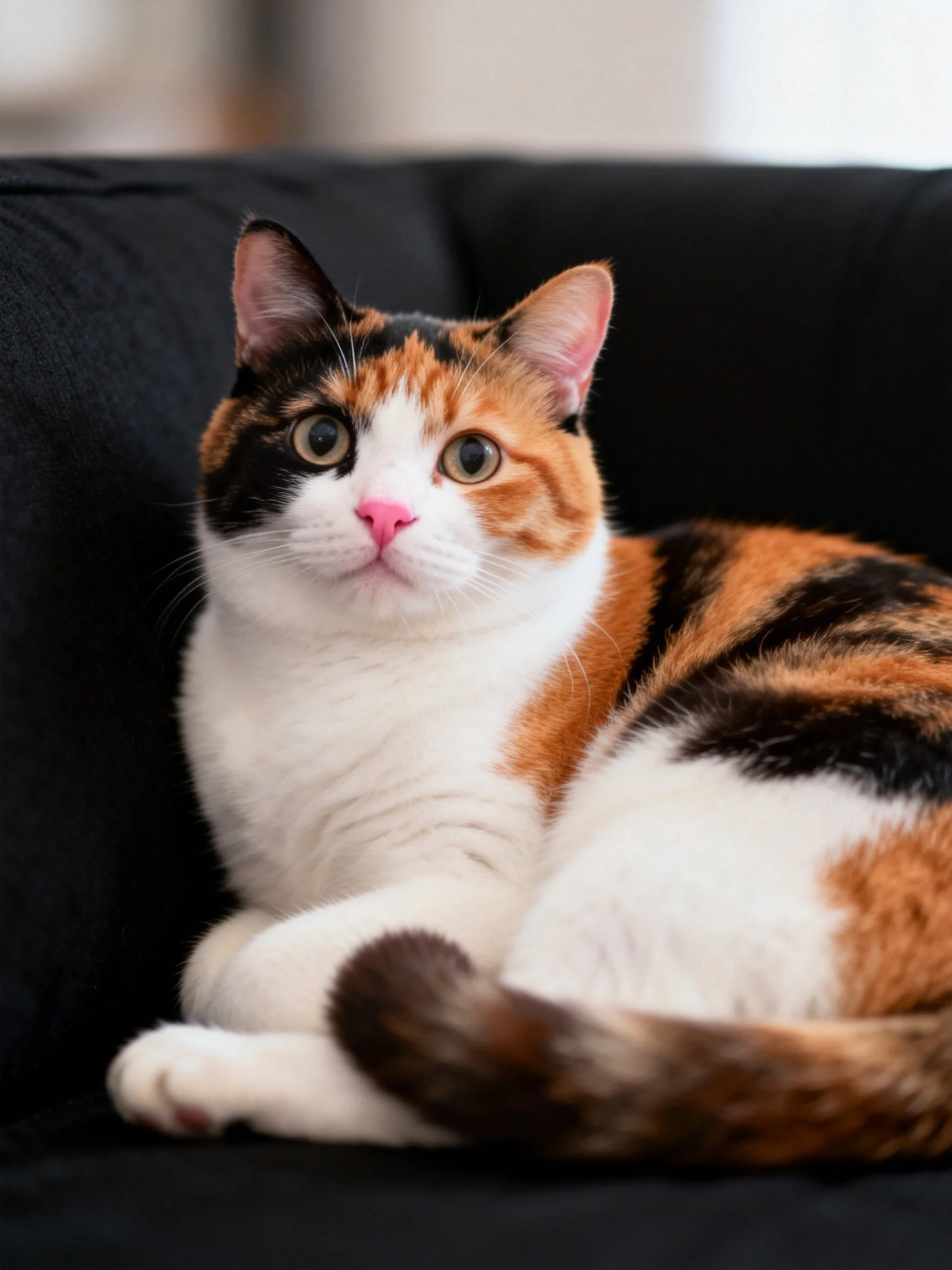A calico cat relaxes on a black upholstered seat