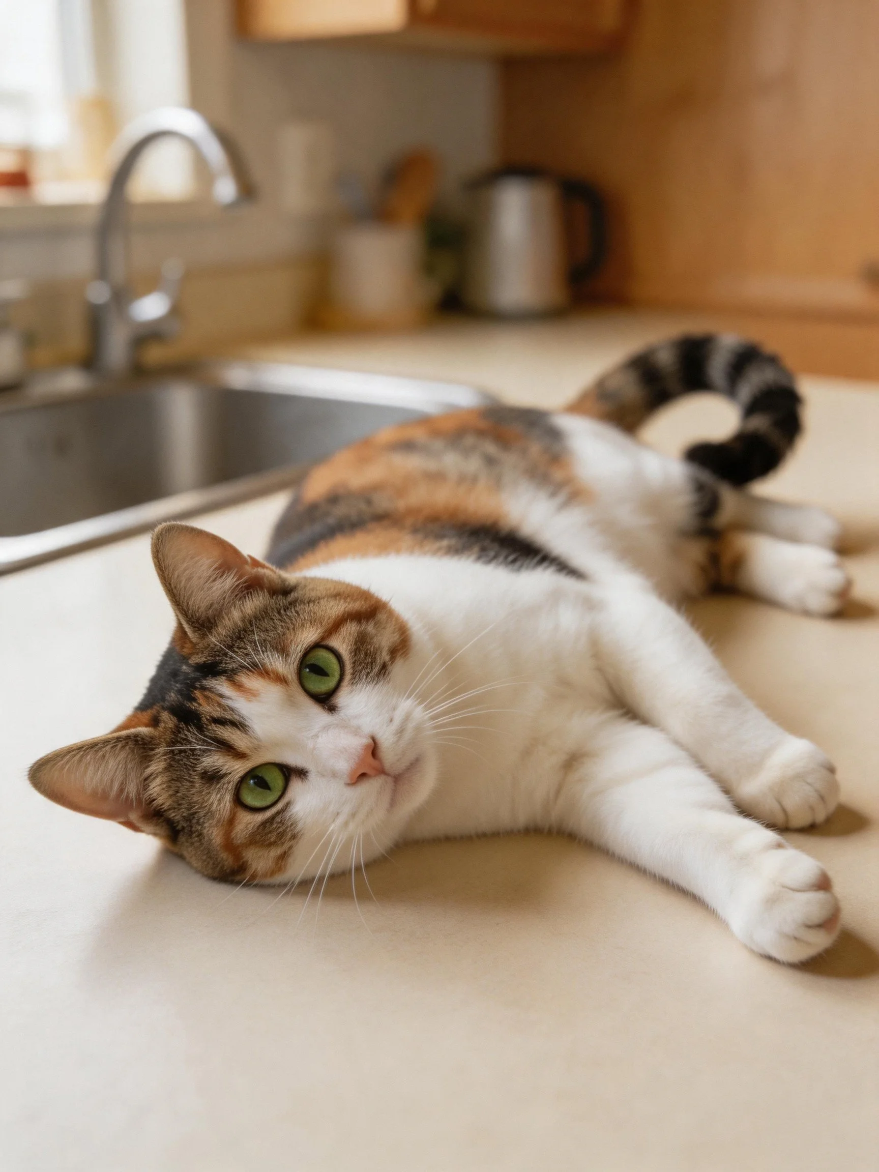 A calico cat relaxes on a kitchen countertop near a stainless steel sink