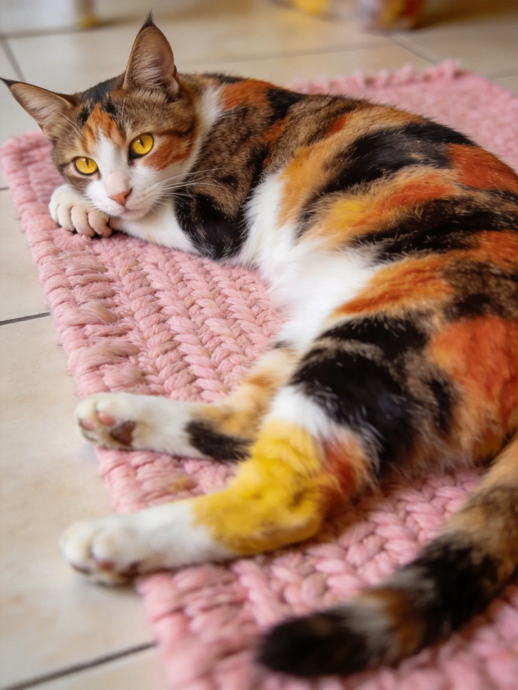 A calico cat relaxes on a textured pink mat