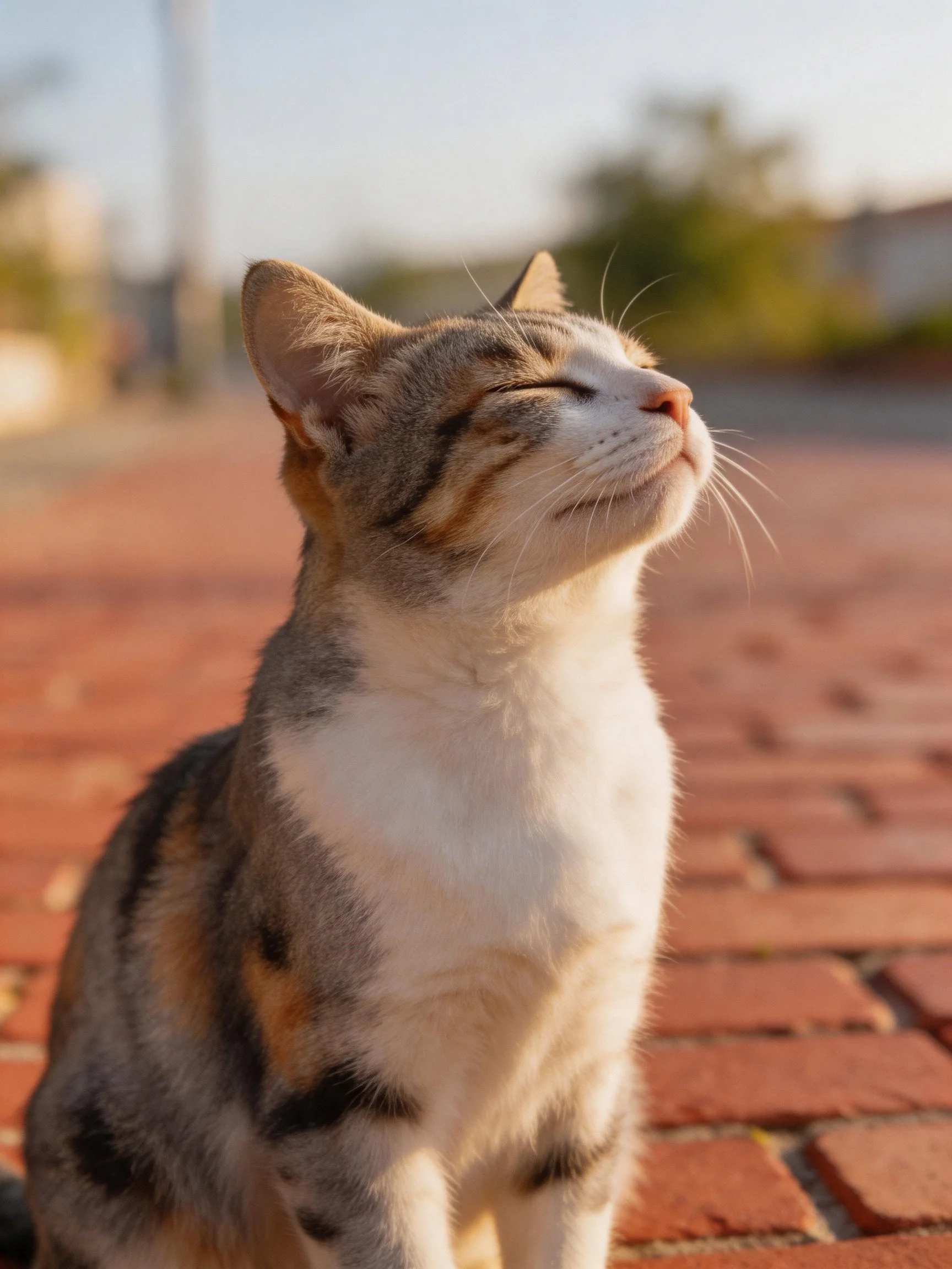 A calico cat relaxing on a brick-paved outdoor area