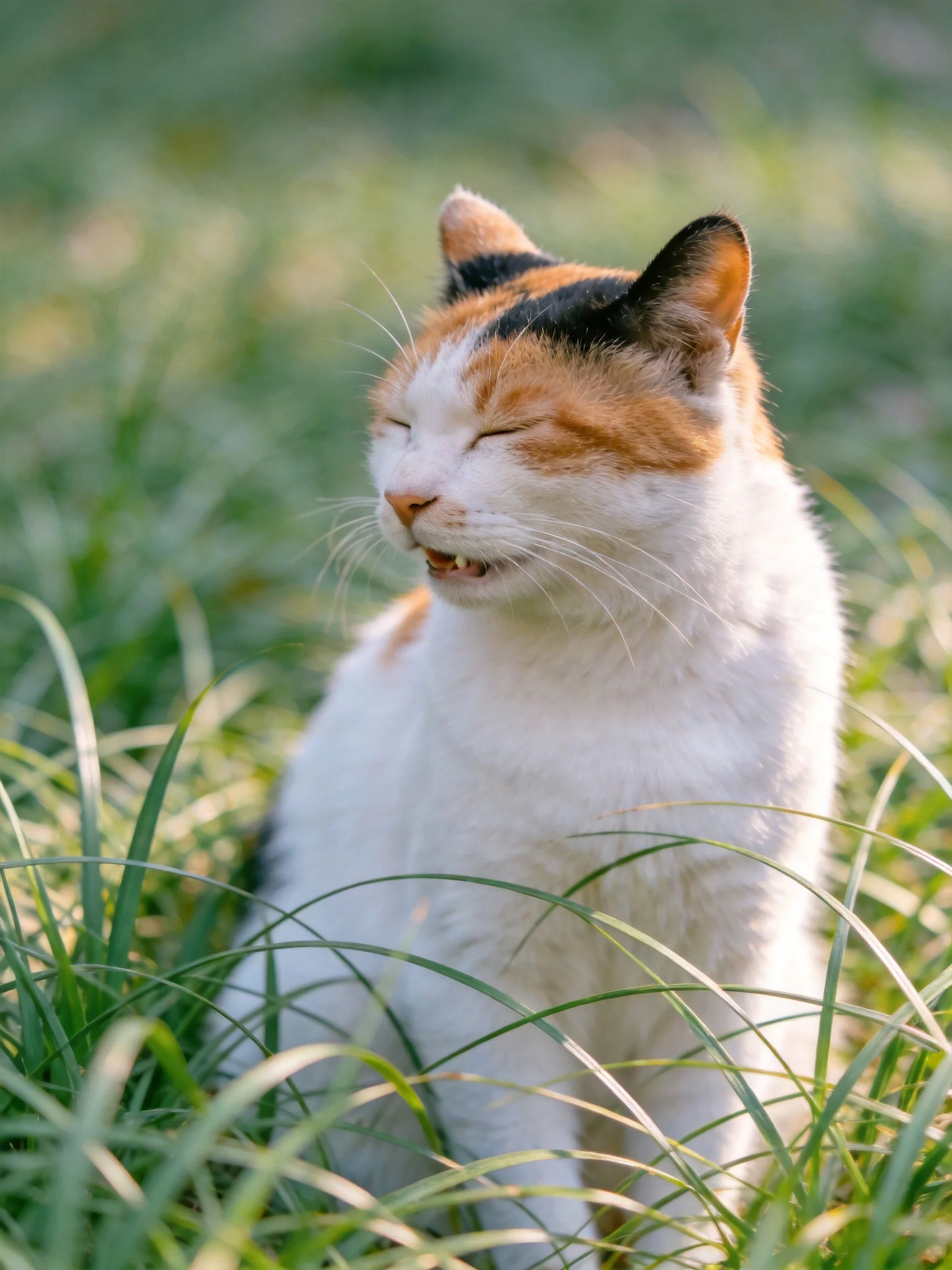A calico cat relaxes peacefully amid tall green grass.