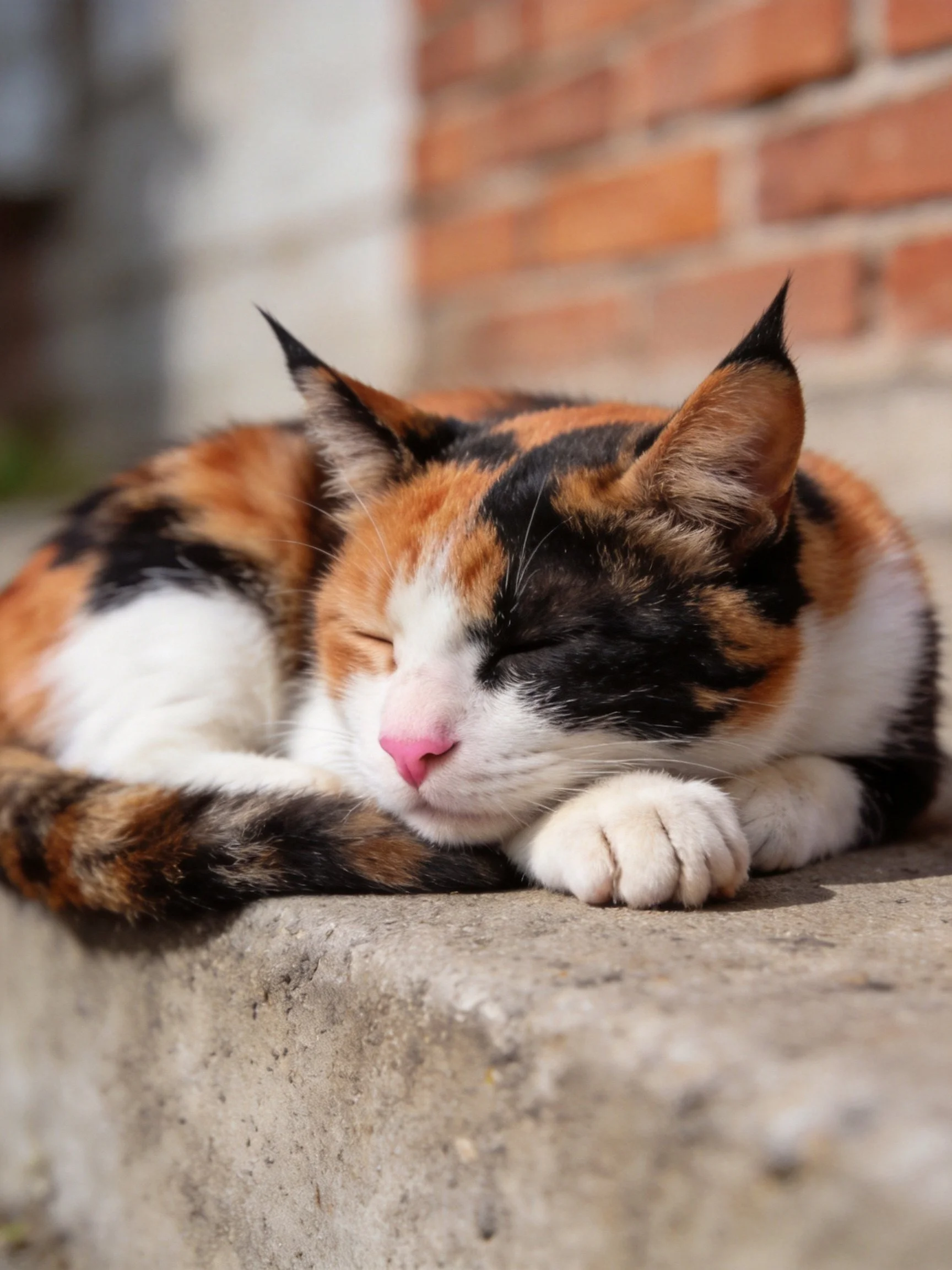 A calico cat resting near a brick wall on a concrete ledge