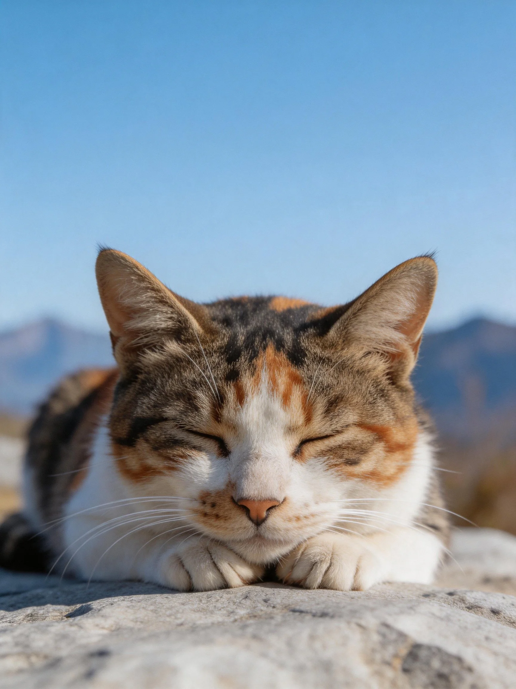 A calico cat sleeps peacefully on a stone surface with distant mountains