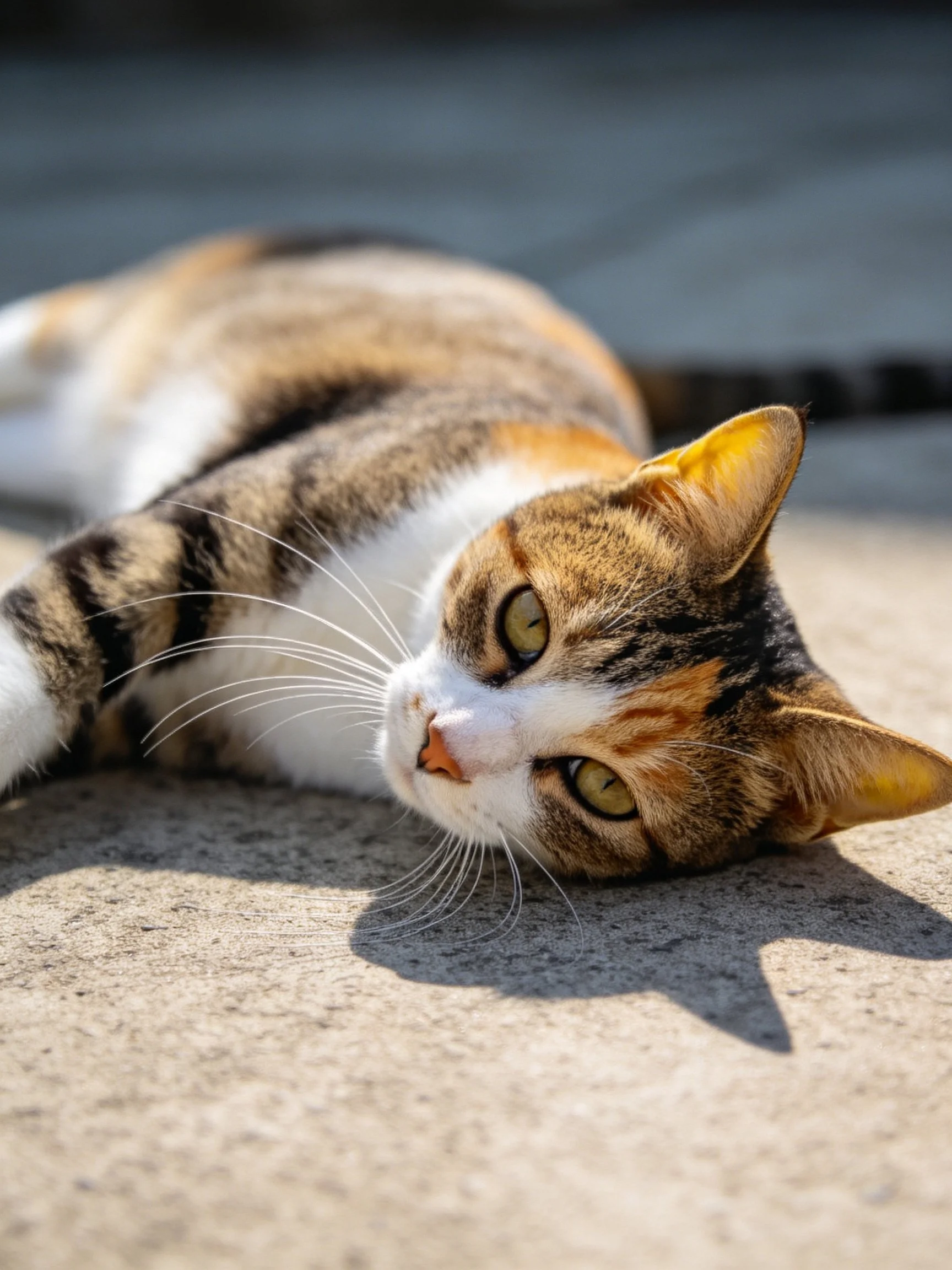 A calico cat resting on a sunlit concrete surface