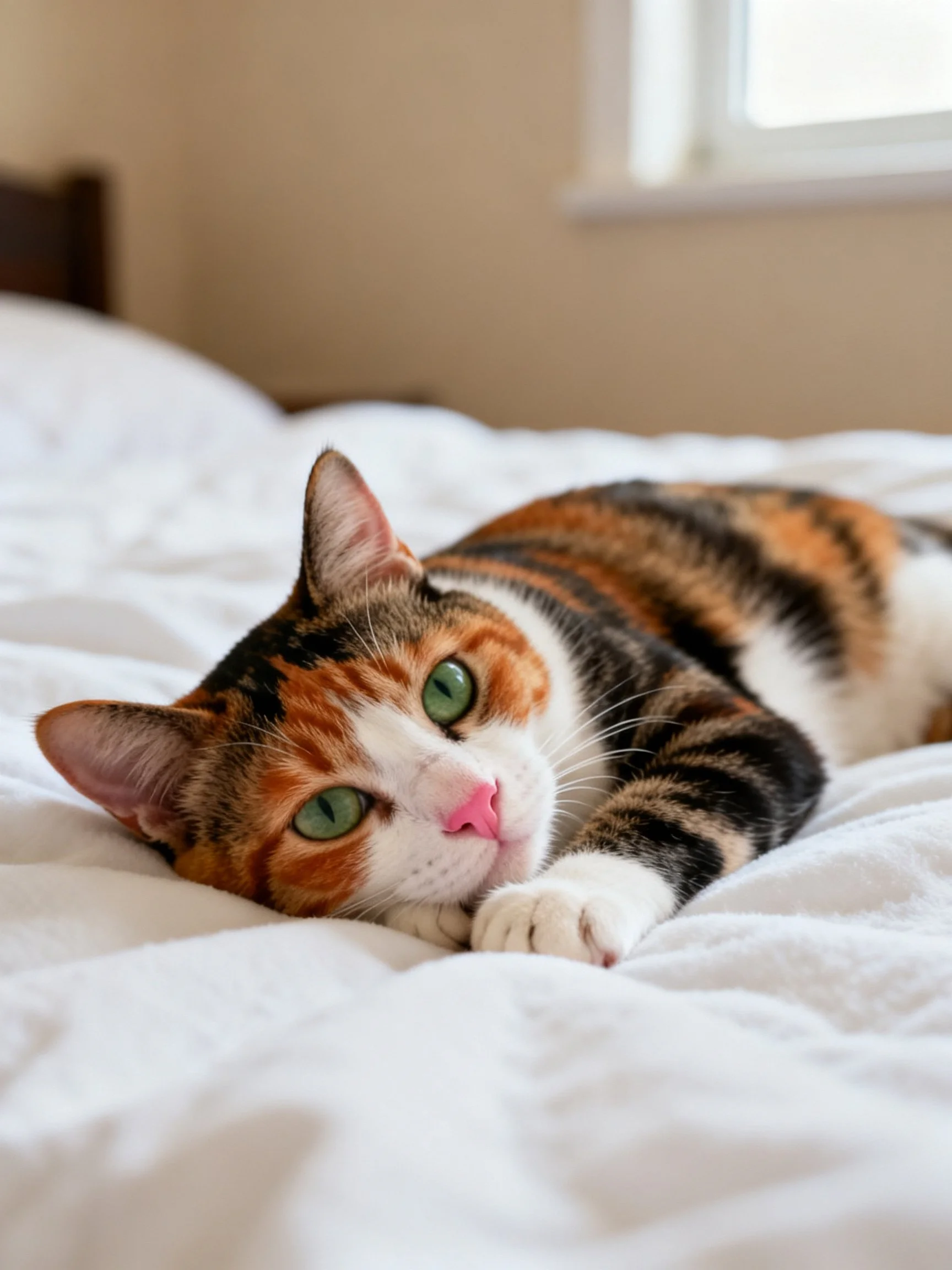 A calico cat resting on a white bed near a window