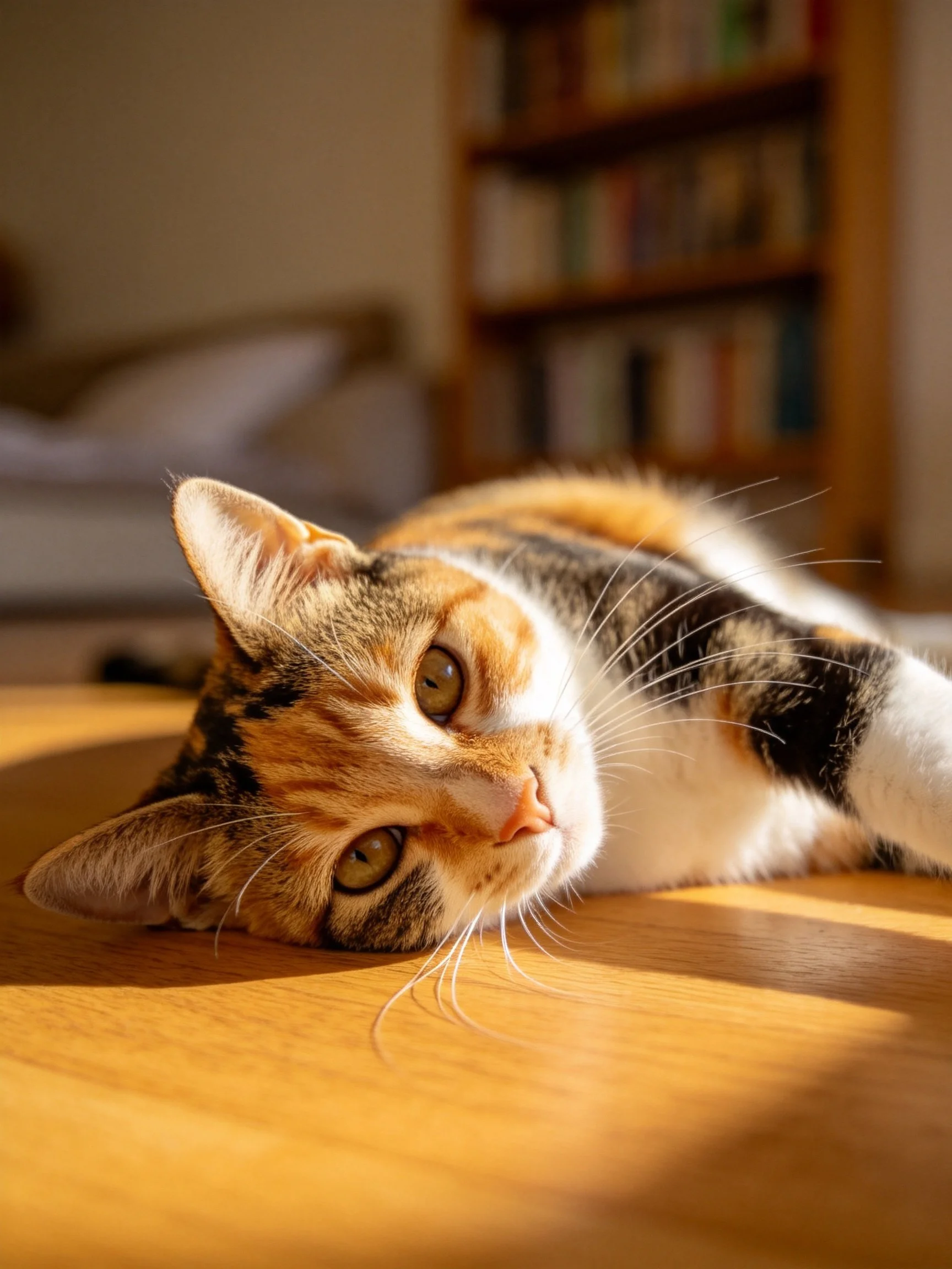 A calico cat resting on a wooden floor near a bookshelf