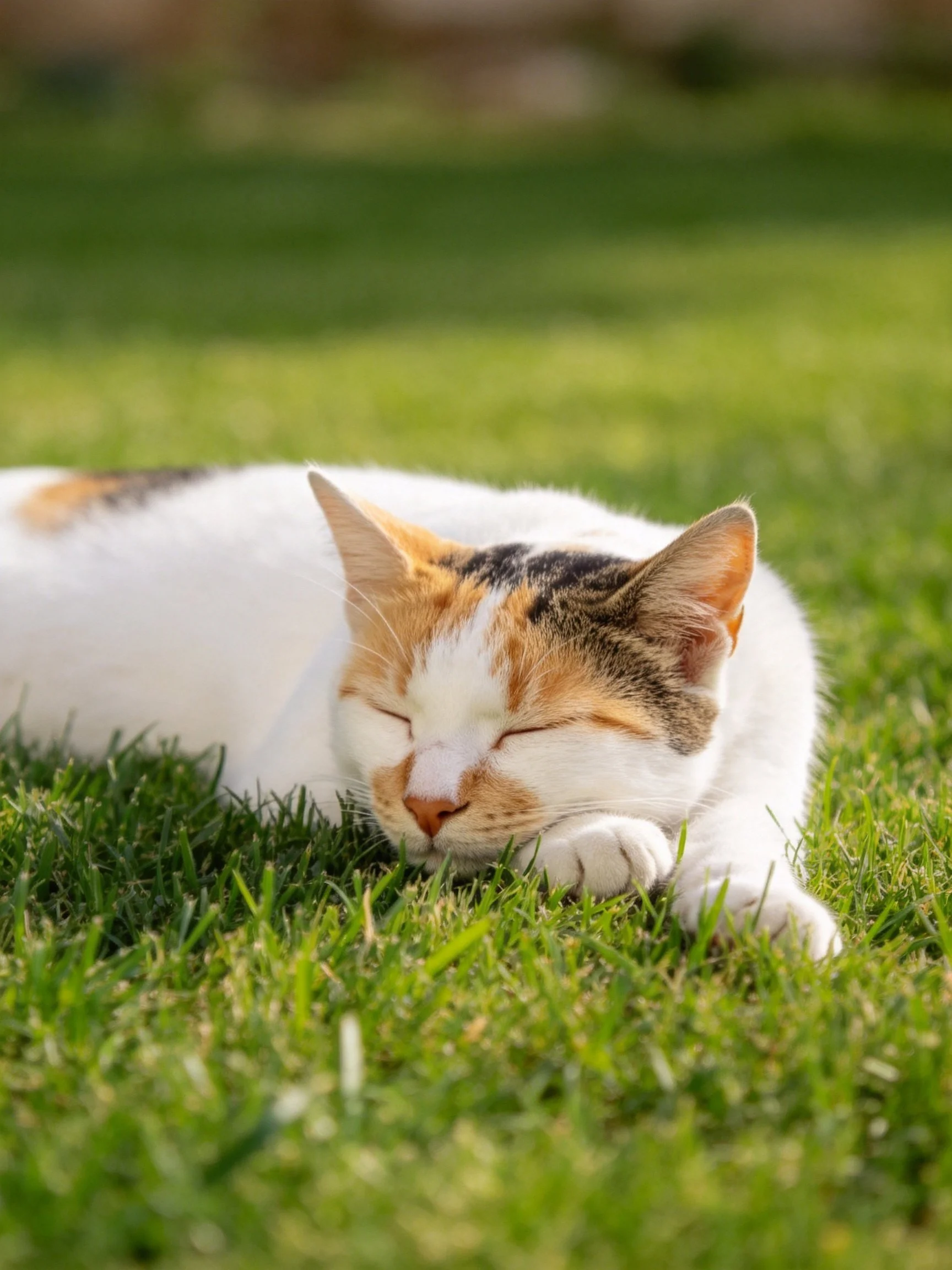 A calico cat resting on lush green grass
