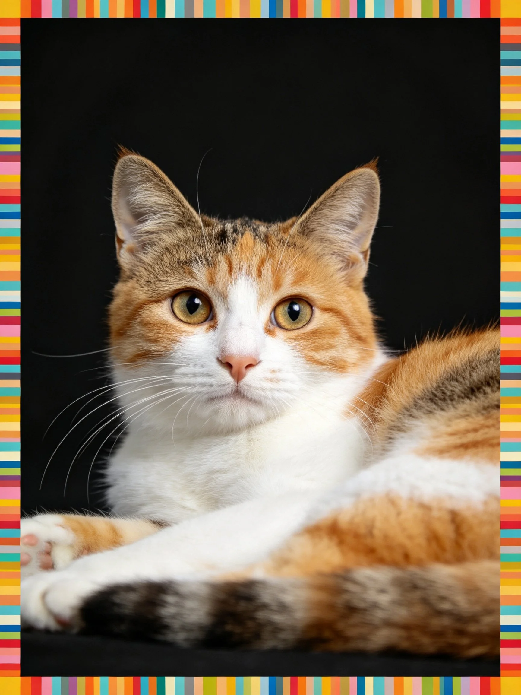 A calico cat rests against a black backdrop with colorful striped borders