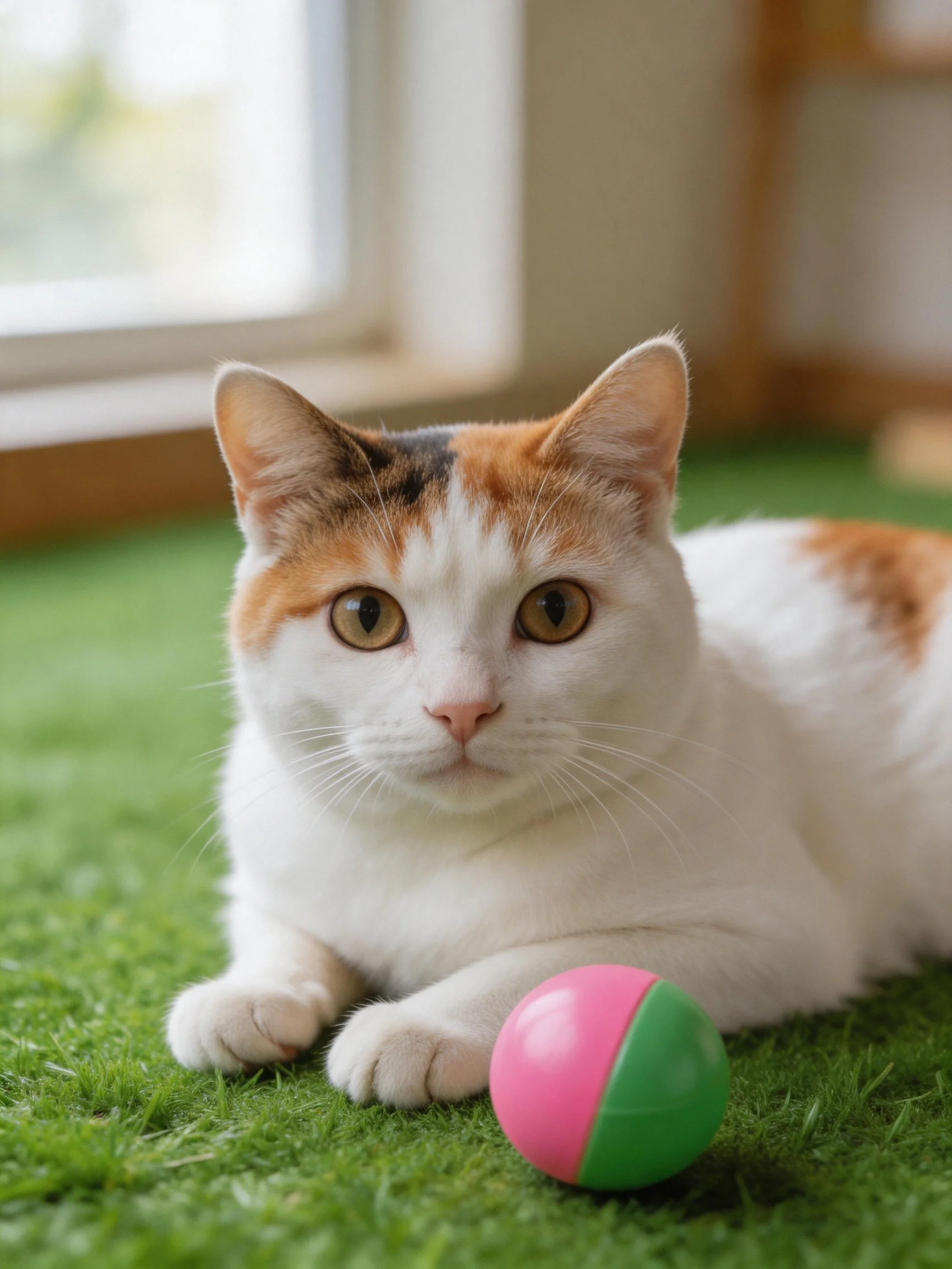 A calico cat lies next to a pink-green ball on artificial grass