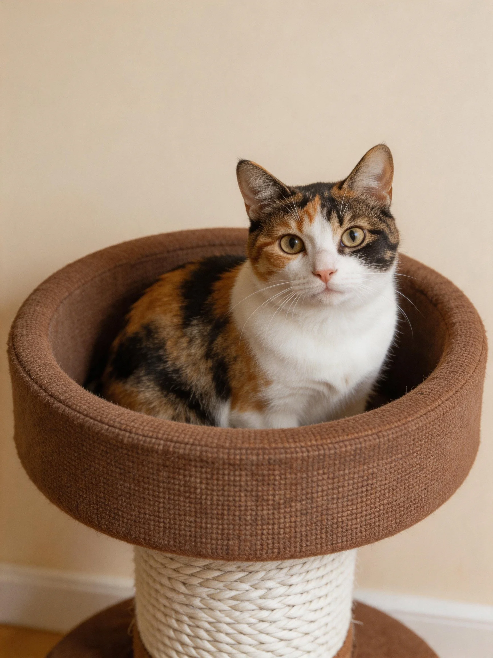 A calico cat rests in a brown fabric cat bed