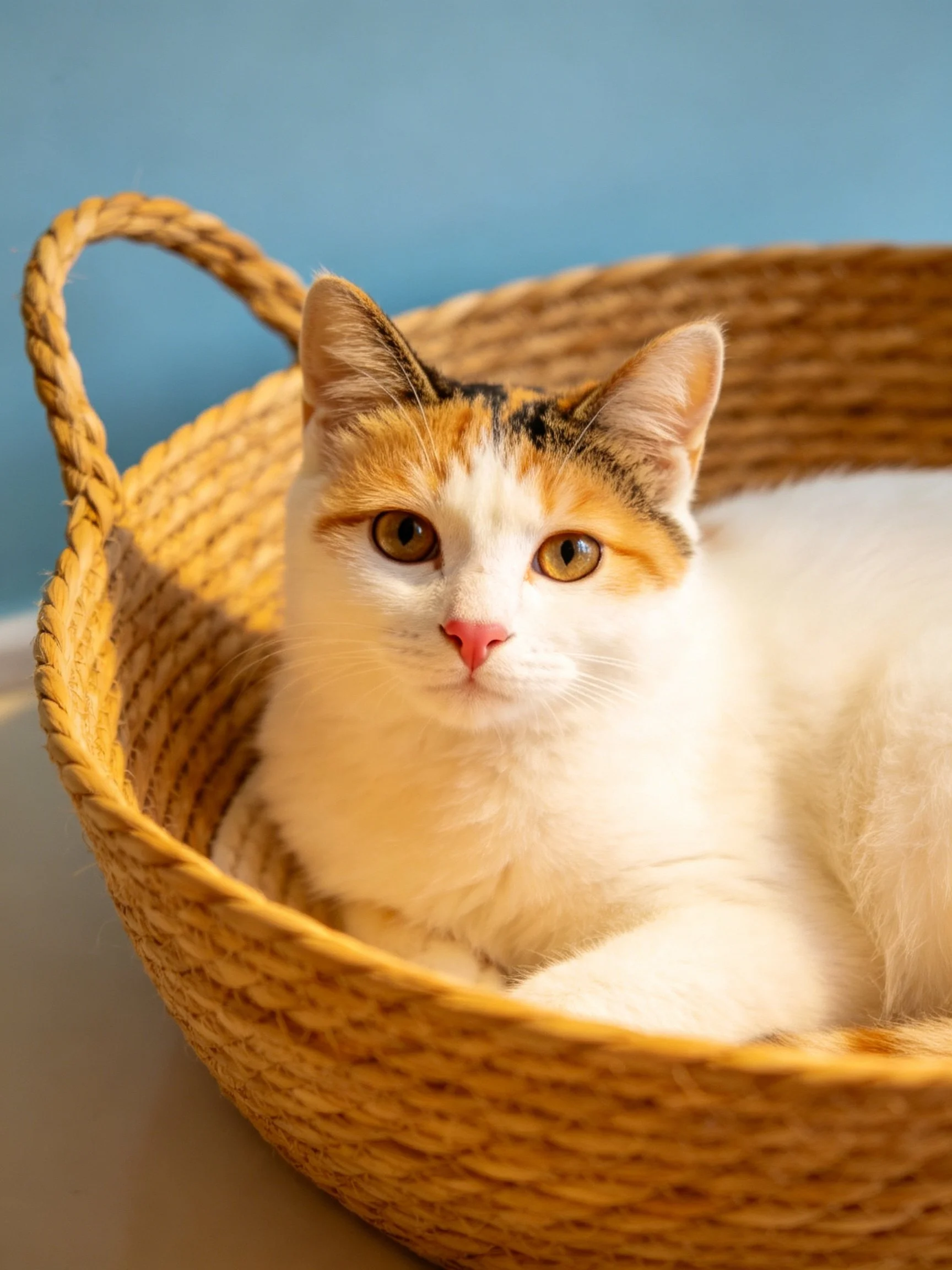 A calico cat sits in a woven basket with a blue backdrop.