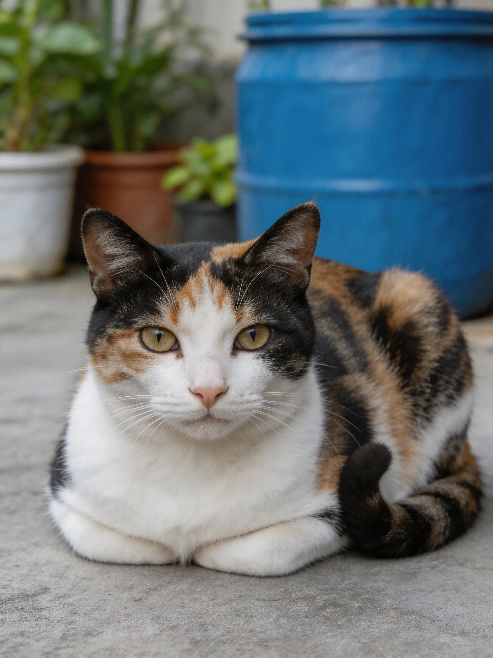 A calico cat sits calmly near a blue barrel and potted plants.
