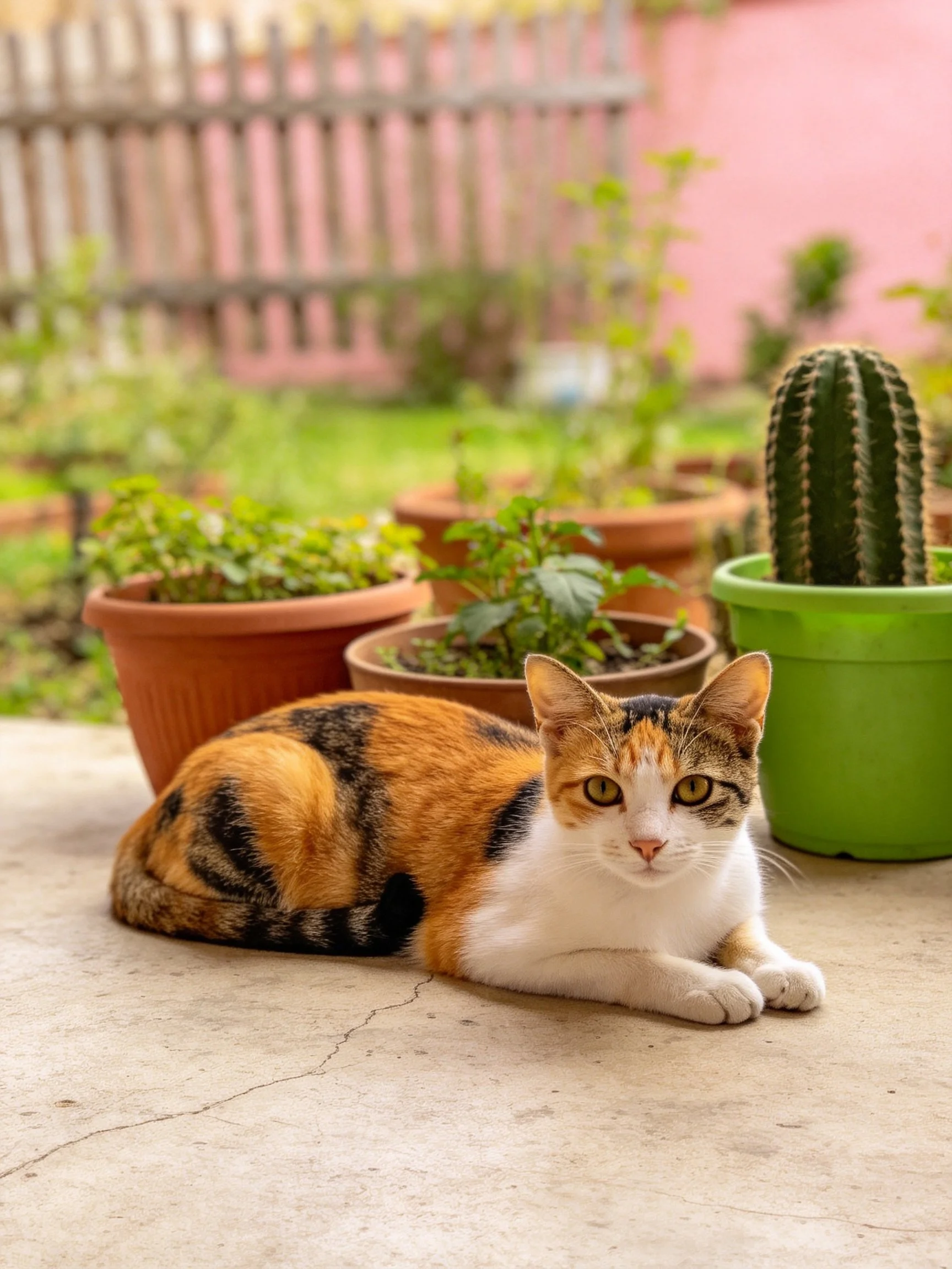 A calico cat relaxes among potted plants and a cactus in an outdoor space.
