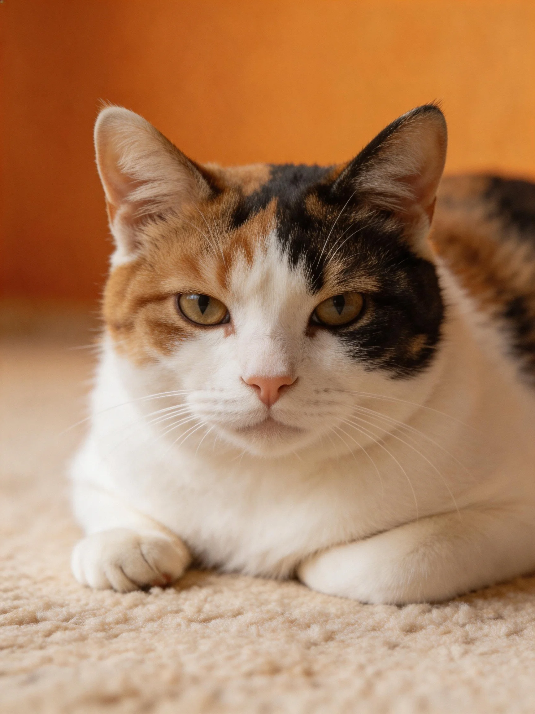 A calico cat rests on a beige carpet beside an orange wall